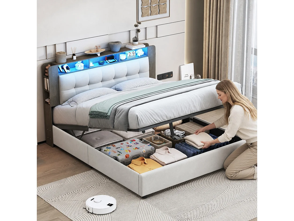 Lit coffre 160x200 cm avec sommier à lattes, rangement intégré, recharge USB et LED, lit double en velours blanc cassé