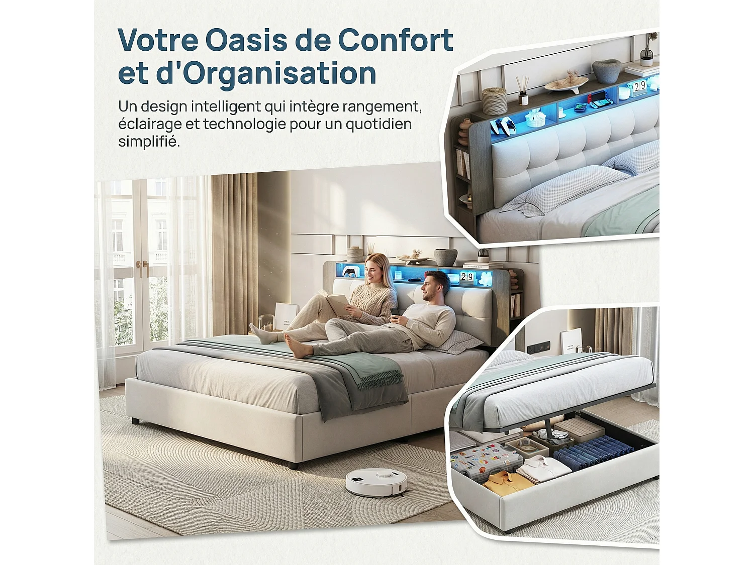 Lit coffre 160x200 cm avec sommier à lattes, rangement intégré, recharge USB et LED, lit double en velours blanc cassé
