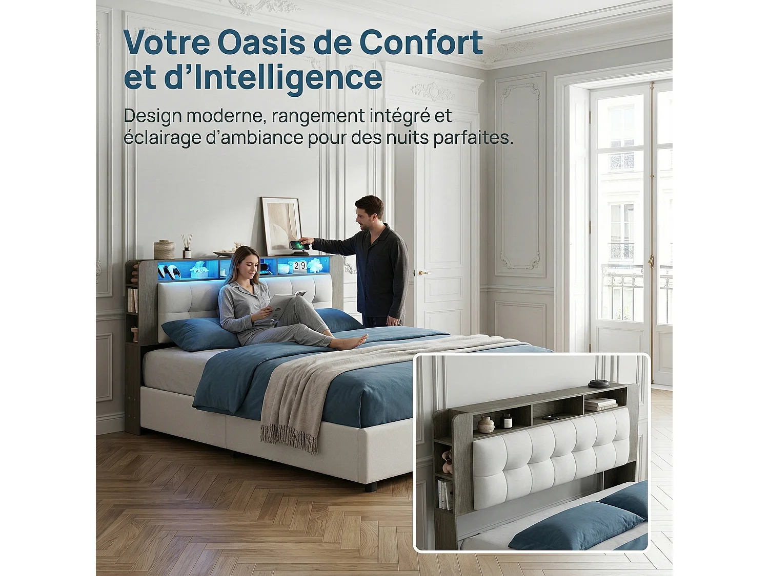 Lit coffre 160x200 cm avec sommier à lattes, rangement intégré, recharge USB et LED, lit double en velours blanc cassé
