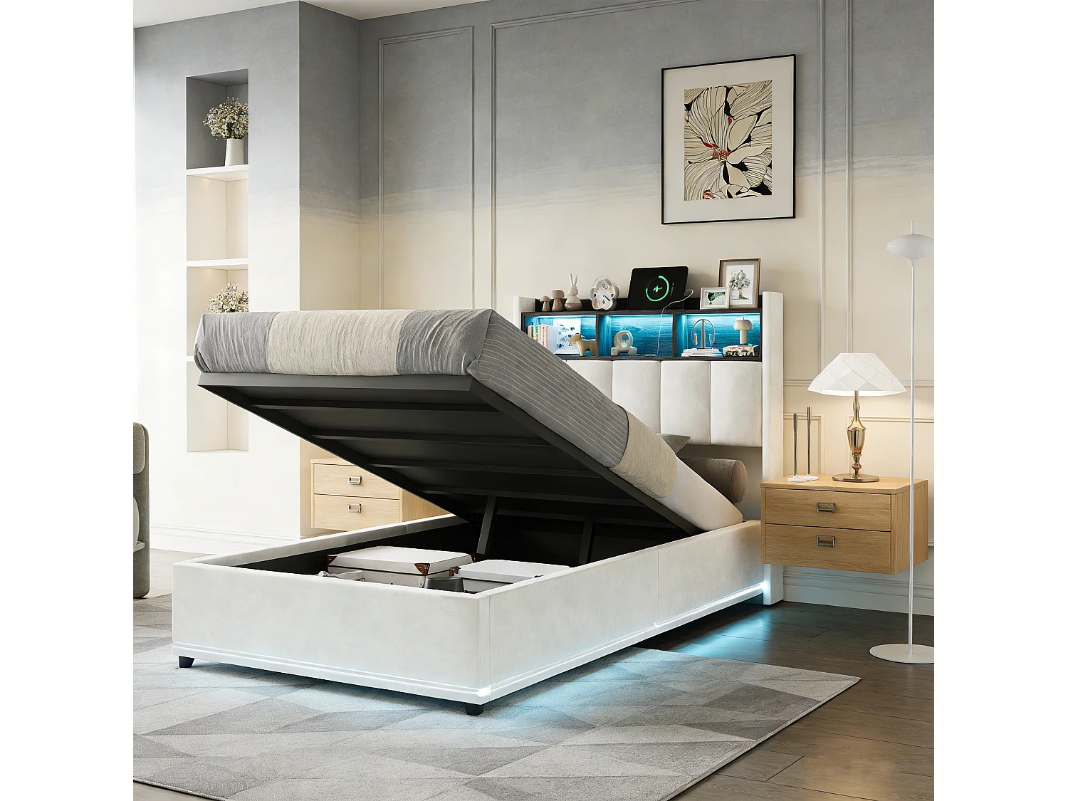 Lit Coffre - POCKETPOP - Lit Capitonné Simple 90x200 cm - Lit Enfant Rembourré avec Rangement Hydraulique - USB et LED