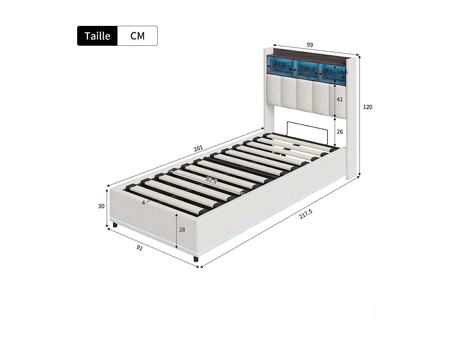 Lit Coffre - POCKETPOP - Lit Capitonné Simple 90x200 cm - Lit Enfant Rembourré avec Rangement Hydraulique - USB et LED