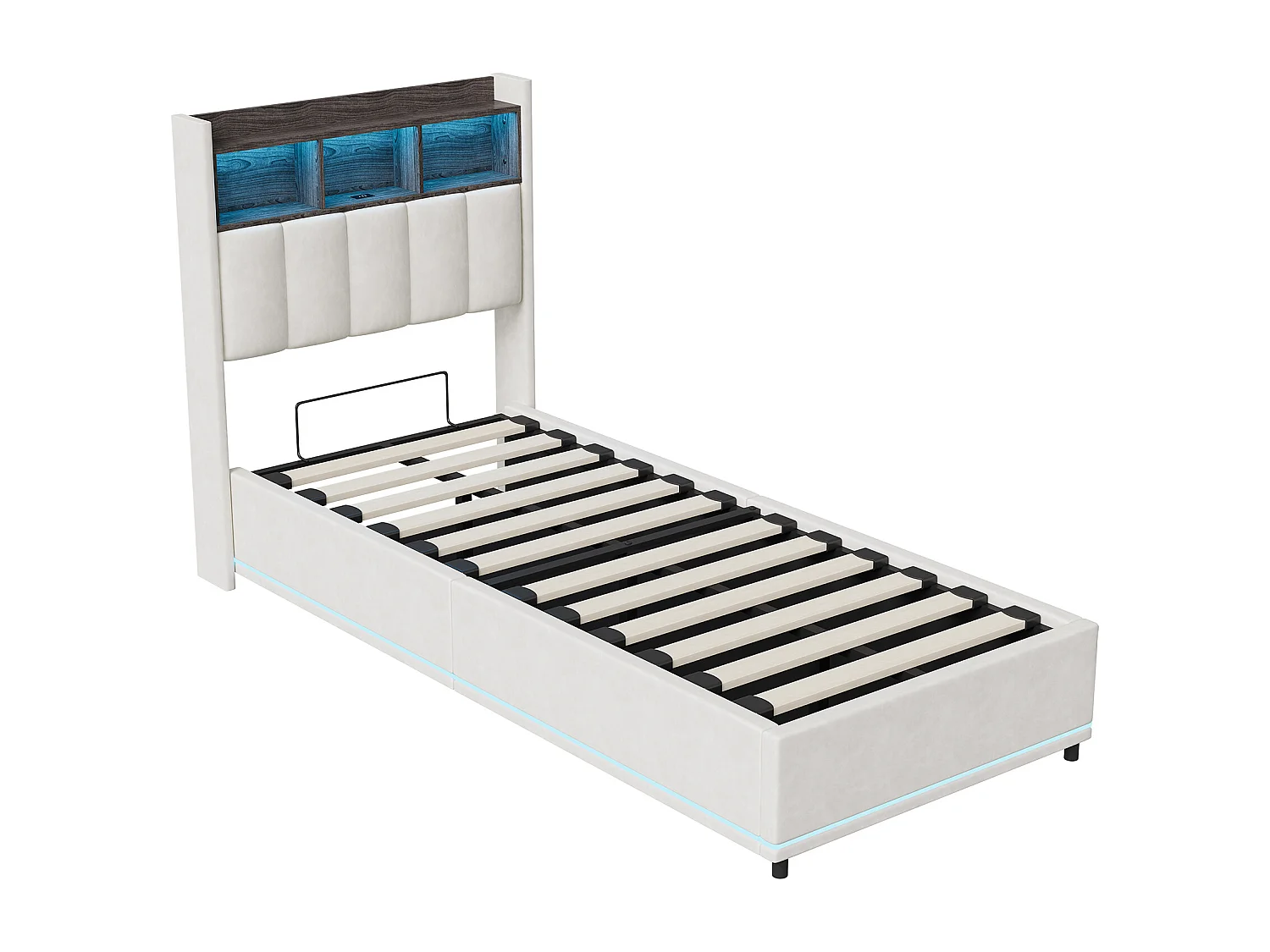 Lit Coffre - POCKETPOP - Lit Capitonné Simple 90x200 cm - Lit Enfant Rembourré avec Rangement Hydraulique - USB et LED