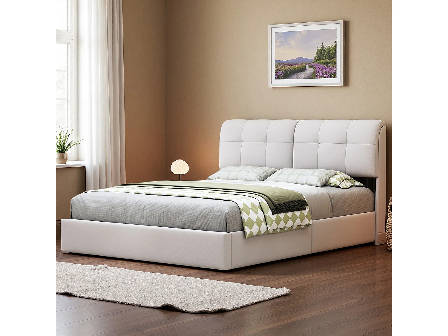 Lit adulte 160x200 cm, NEXU, RGB LED, hydraulique, Velours, cadre de lit adulte 160x200 cm, beige