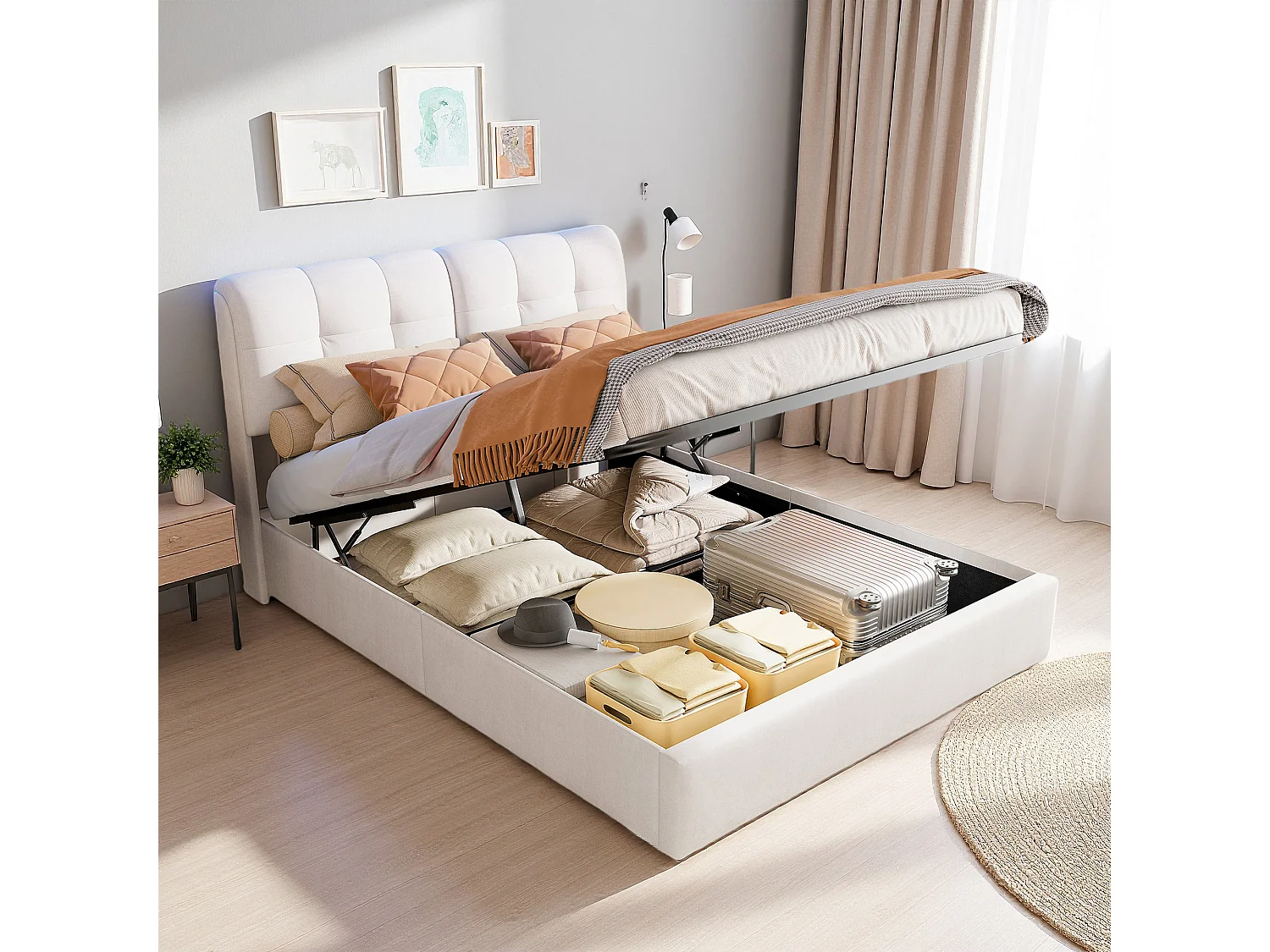 Lit adulte 160x200 cm, NEXU, RGB LED, hydraulique, Velours, cadre de lit adulte 160x200 cm, beige
