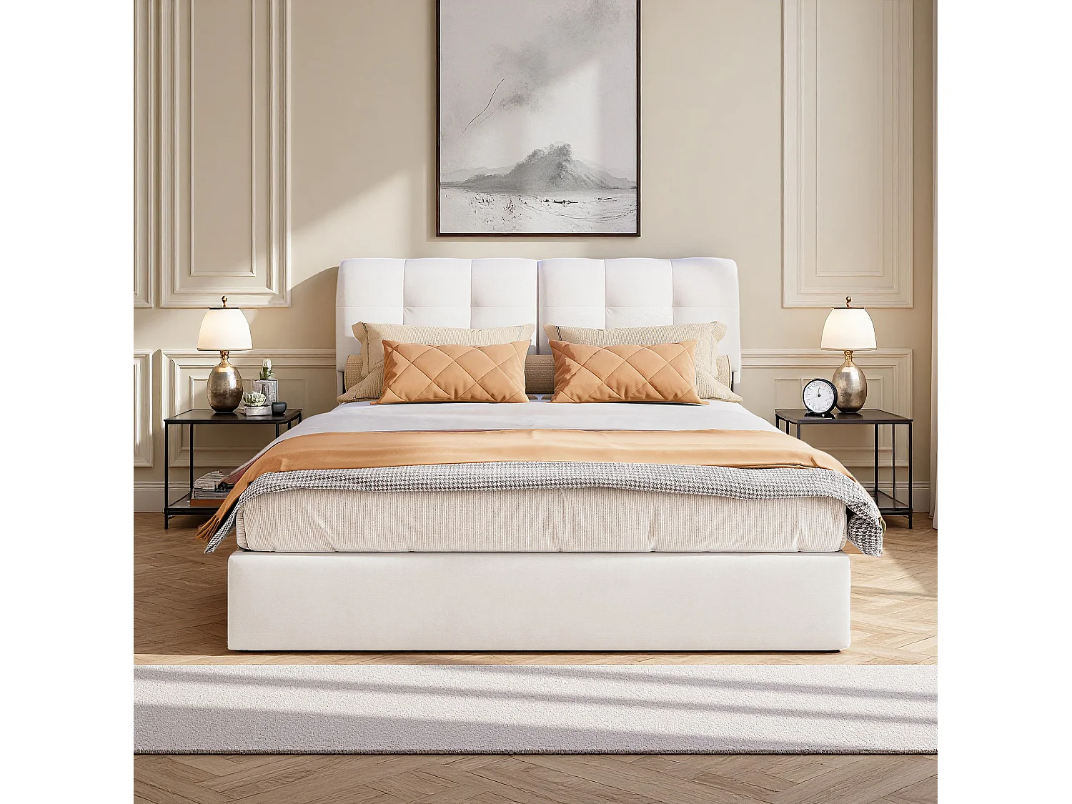 Lit adulte 160x200 cm, NEXU, RGB LED, hydraulique, Velours, cadre de lit adulte 160x200 cm, beige