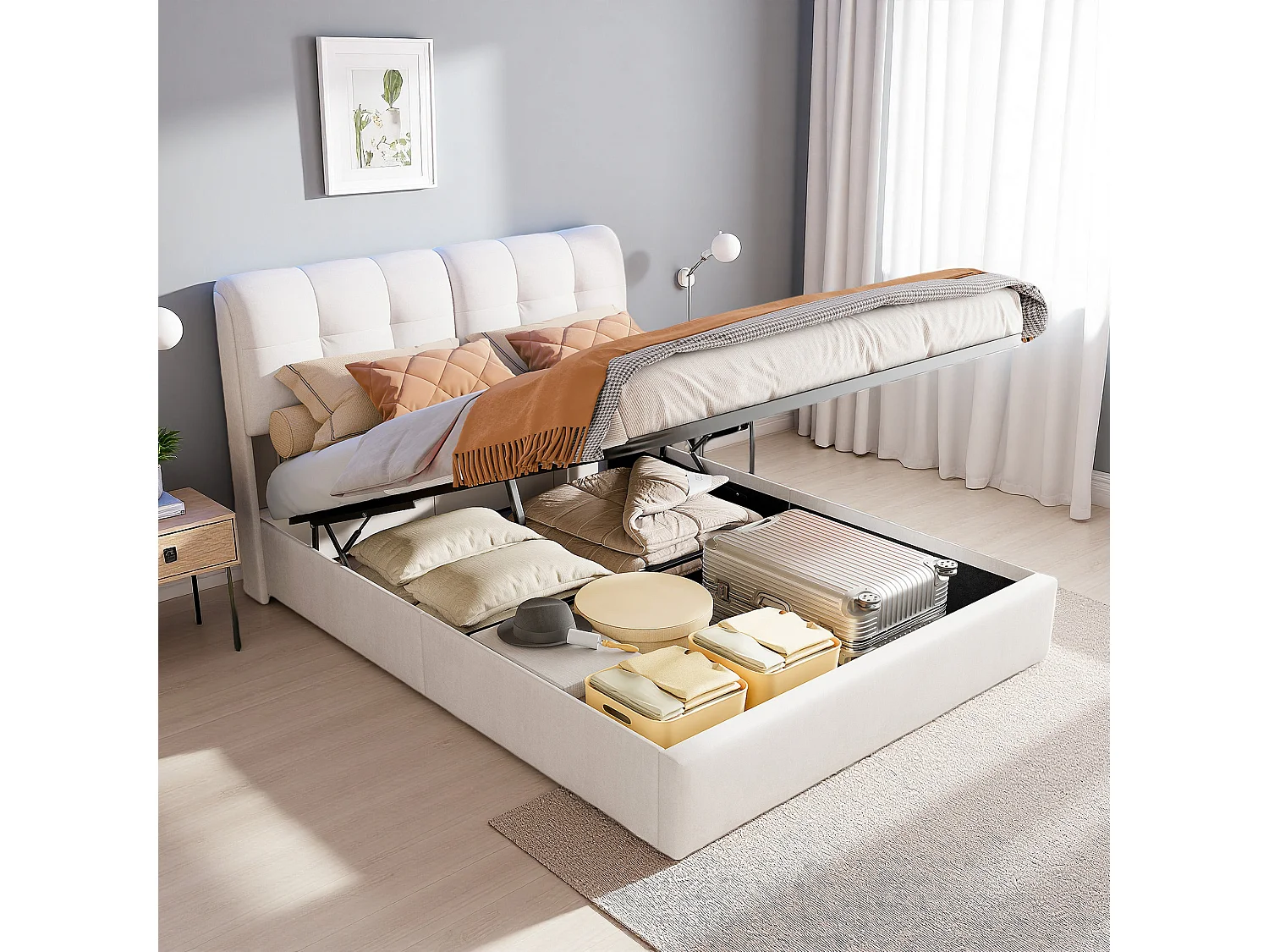 Lit adulte 160x200 cm, NEXU, RGB LED, hydraulique, Velours, cadre de lit adulte 160x200 cm, beige