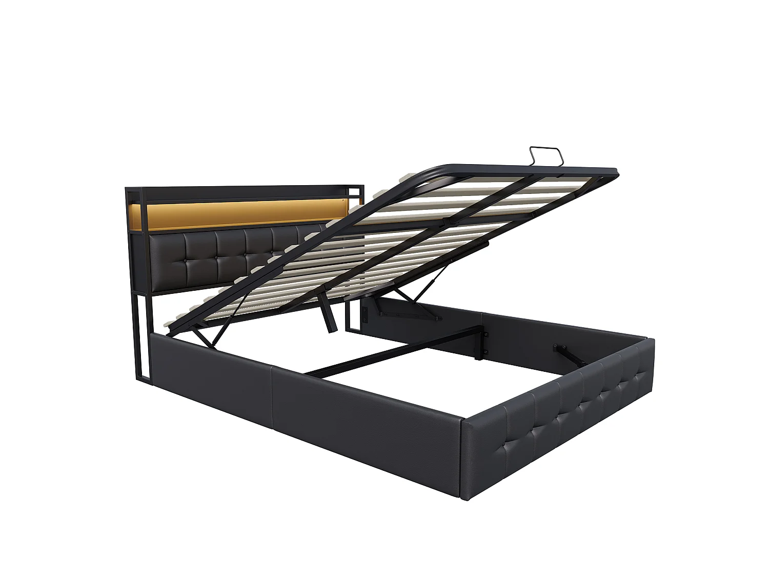 Bedframe, NEXU, 140x190 cm, USB en Type-C, LED, hydraulisch, PU, ​​140x190 cm bedframe, zwart