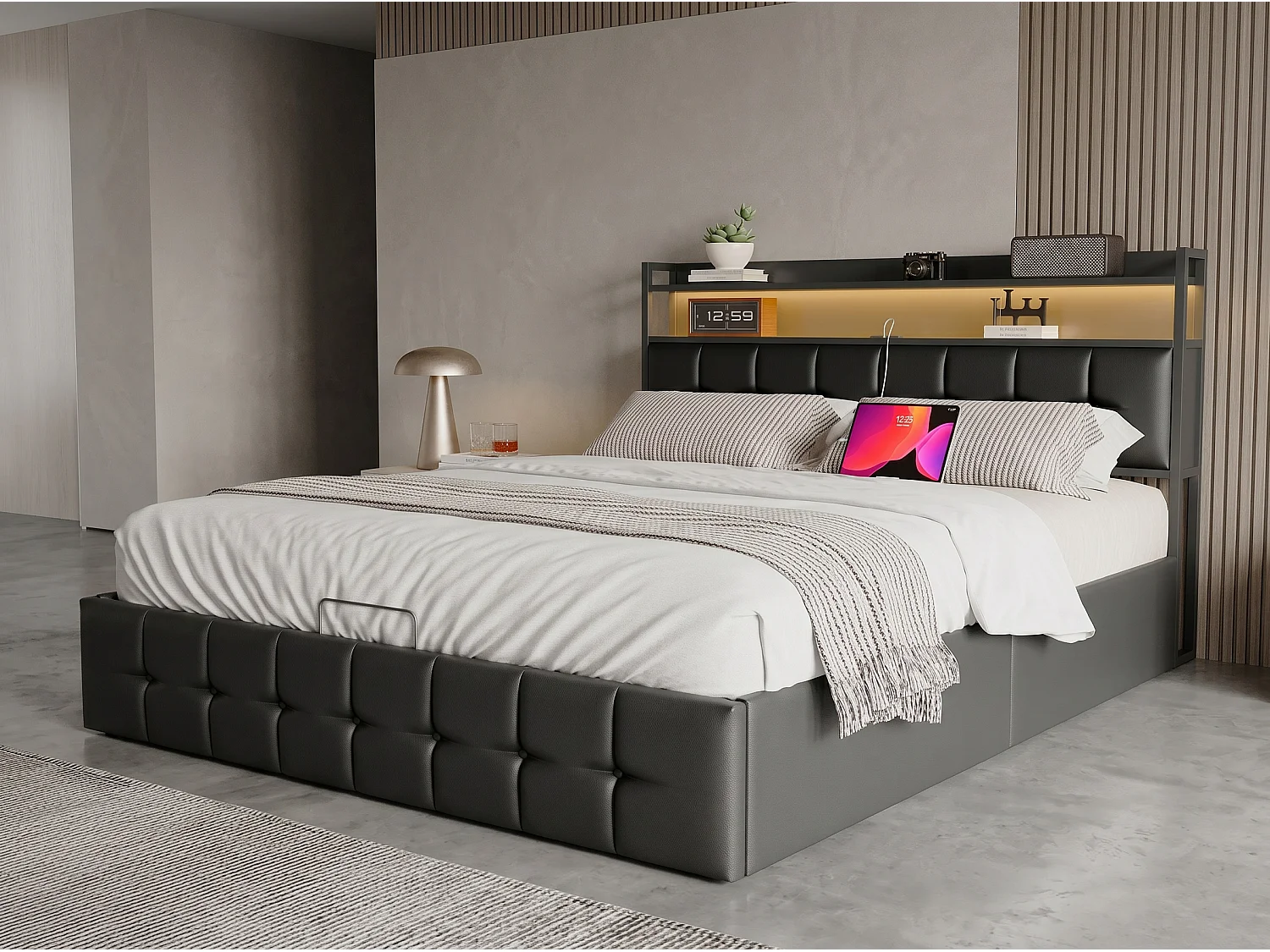 Bedframe, NEXU, 140x190 cm, USB en Type-C, LED, hydraulisch, PU, ​​140x190 cm bedframe, zwart