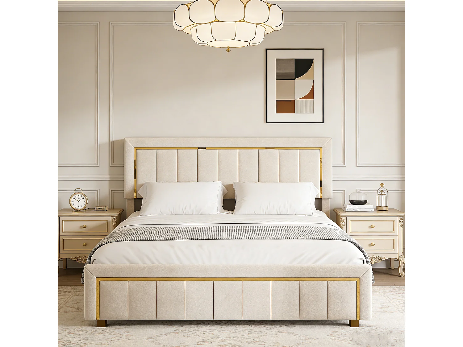 Lit coffre 140x190 cm - POCKETPOP - Tissu velours - Bordure plaquée or - Rangement pratique - Style moderne classique