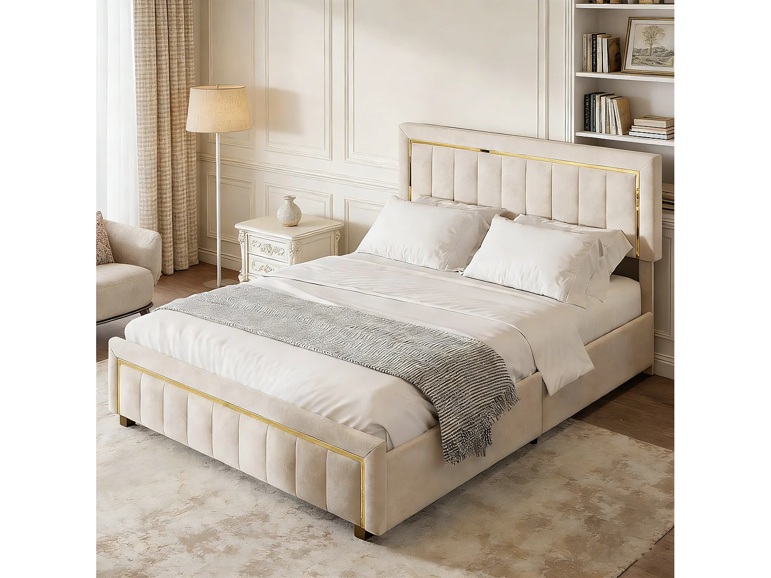 Lit coffre 140x190 cm - POCKETPOP - Tissu velours - Bordure plaquée or - Rangement pratique - Style moderne classique