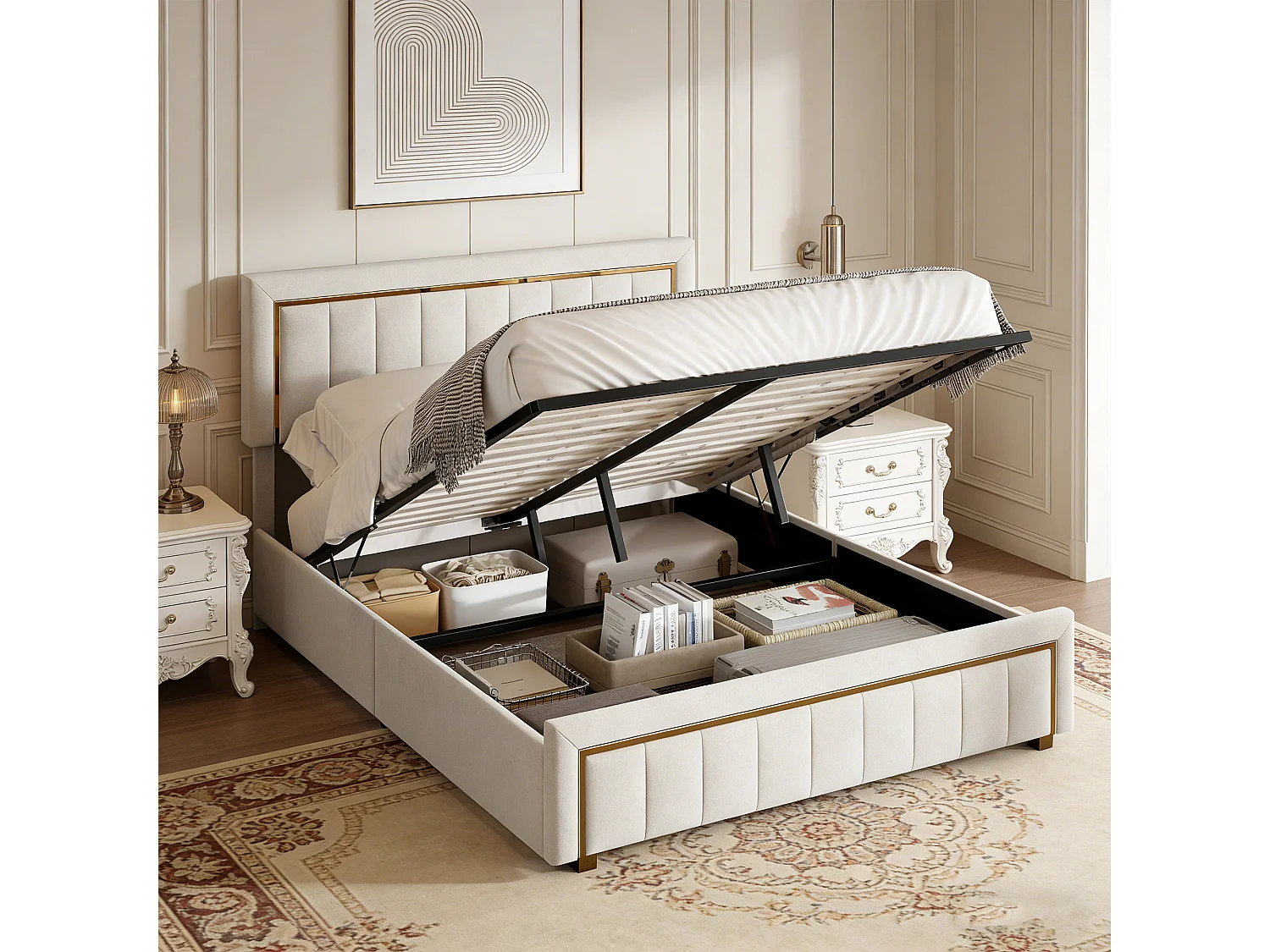 Lit coffre 140x190 cm - POCKETPOP - Tissu velours - Bordure plaquée or - Rangement pratique - Style moderne classique