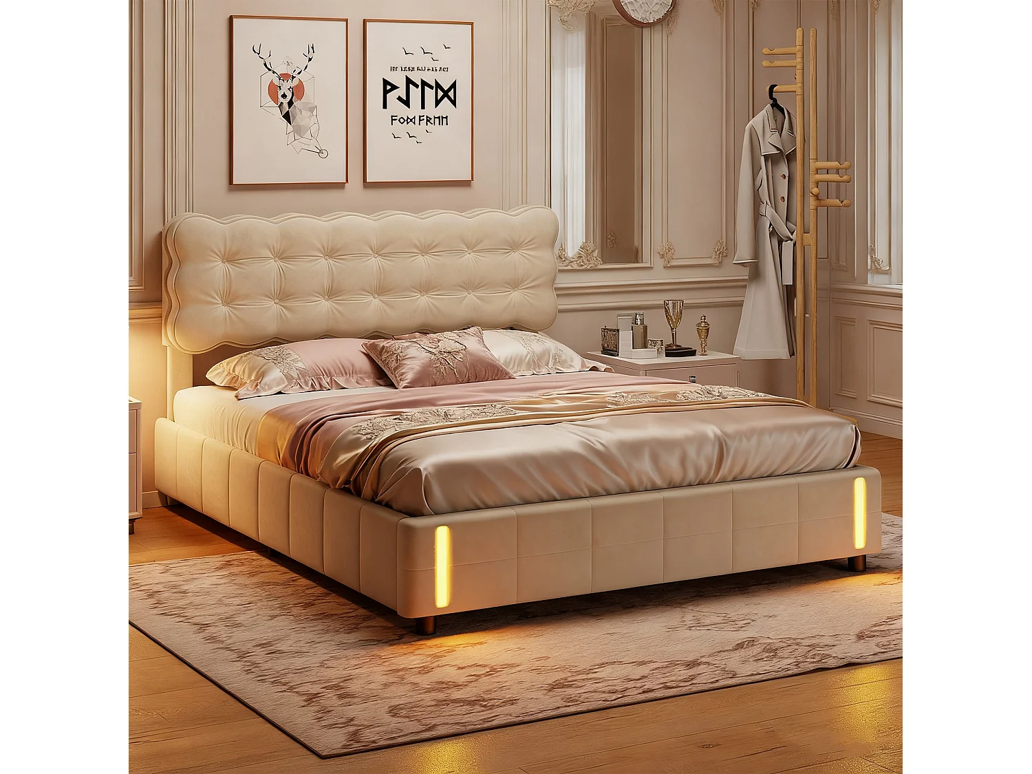 Cadre de lit 140x190 cm - NEXU - LED - hydraulique - Velours - Beige