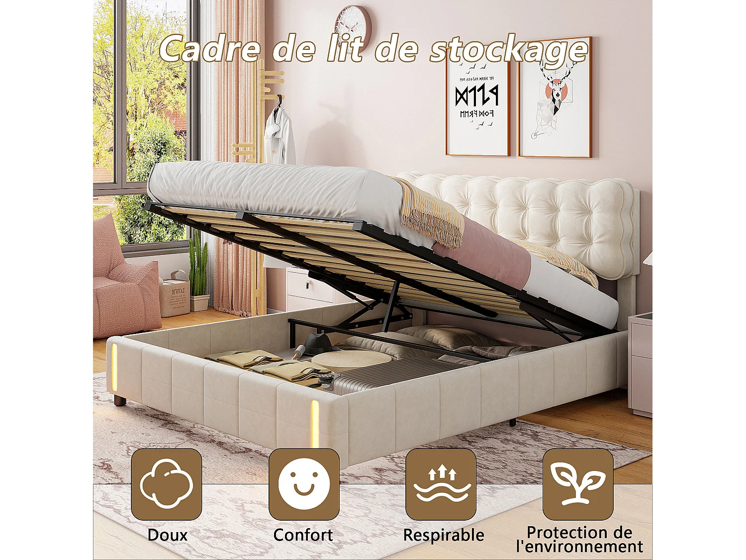 Cadre de lit 140x190 cm - NEXU - LED - hydraulique - Velours - Beige