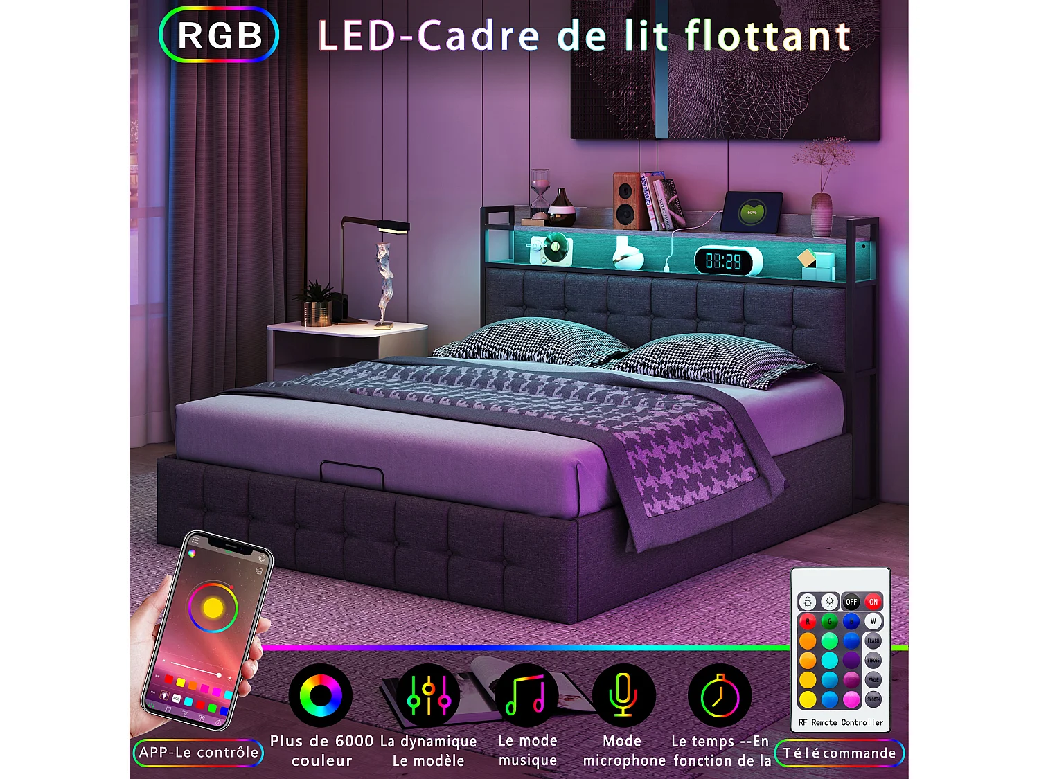 Lit Coffre 140x190 Tissu Gris Lin - Hydraulique - Tête de Lit avec USB-C, USB & LED - Capitonnage Épais