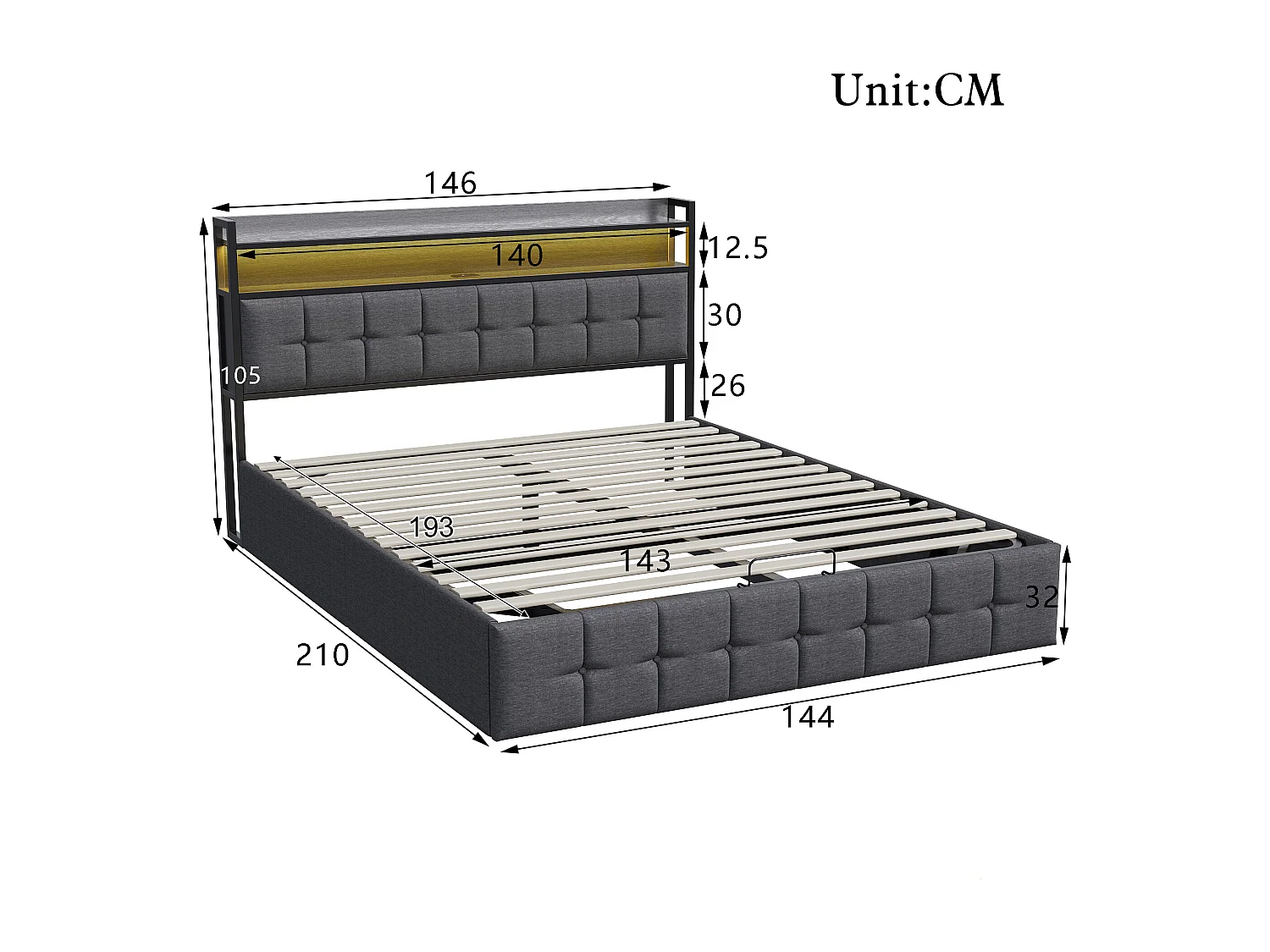 Lit Coffre 140x190 Tissu Gris Lin - Hydraulique - Tête de Lit avec USB-C, USB & LED - Capitonnage Épais