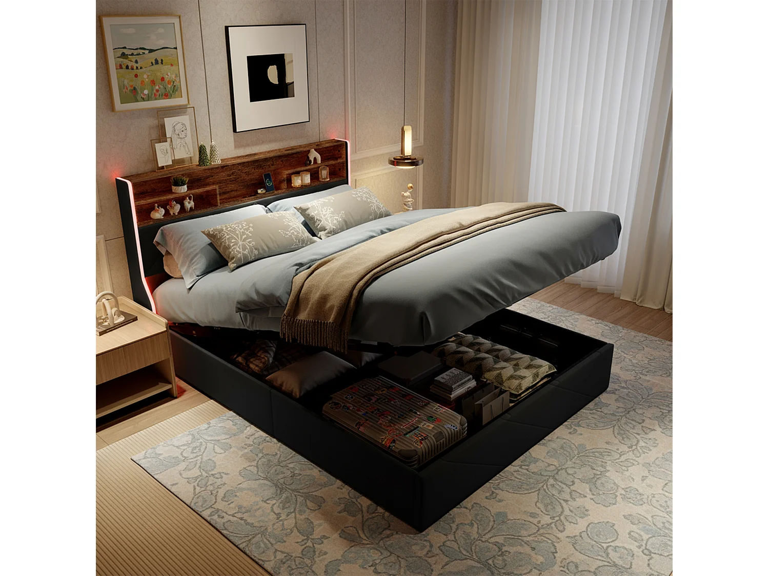 Lit coffre,lit double,lit adulte,lit 160x200 avec sommier,USB et LED, lit capitonné,avec levier hydraulique,pu,noir