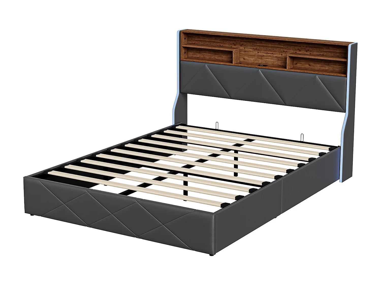 Lit coffre,lit double,lit adulte,lit 160x200 avec sommier,USB et LED, lit capitonné,avec levier hydraulique,pu,noir