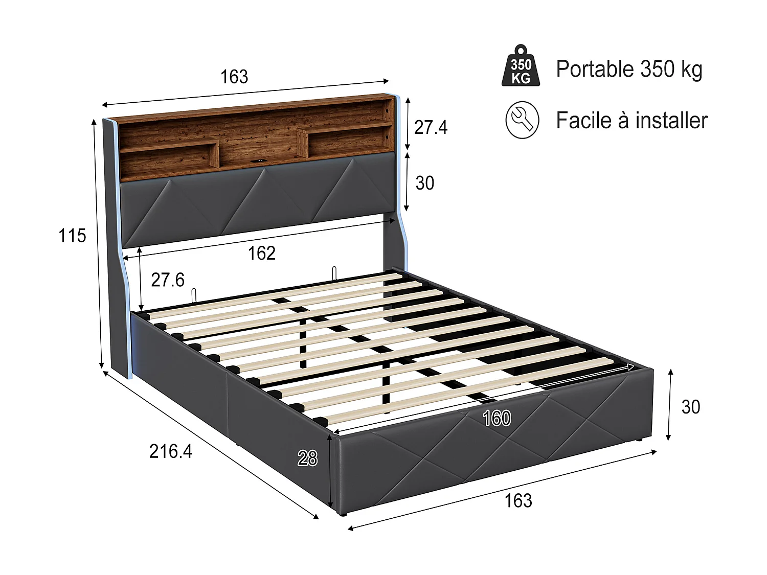 Lit coffre,lit double,lit adulte,lit 160x200 avec sommier,USB et LED, lit capitonné,avec levier hydraulique,pu,noir
