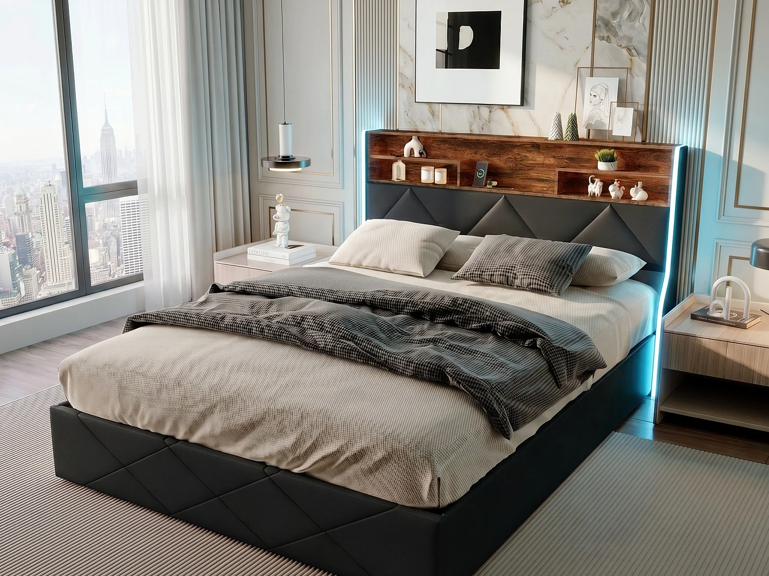 Opbergbed, tweepersoonsbed, volwassenenbed, 160x200 bed met lattenbodem, USB en LED, gestoffeerd bed, met hydraulische hendel, PU, ​​zwart