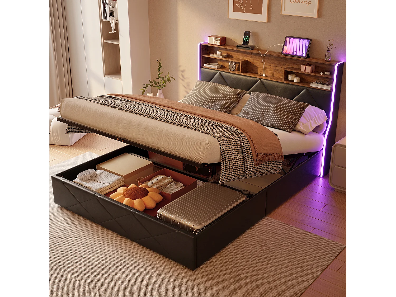 Opbergbed 160x200 cm met lattenbodem en hydraulisch liftsysteem - Gestoffeerd tweepersoonsbed met USB en LED - Zwart PU-kunstleer