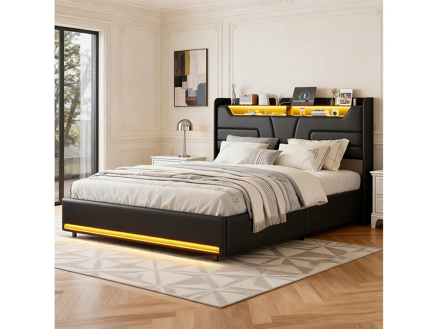 Lit coffre 140x190 - NEXU - PU Noir - LED réglable - Port USB - 2 places