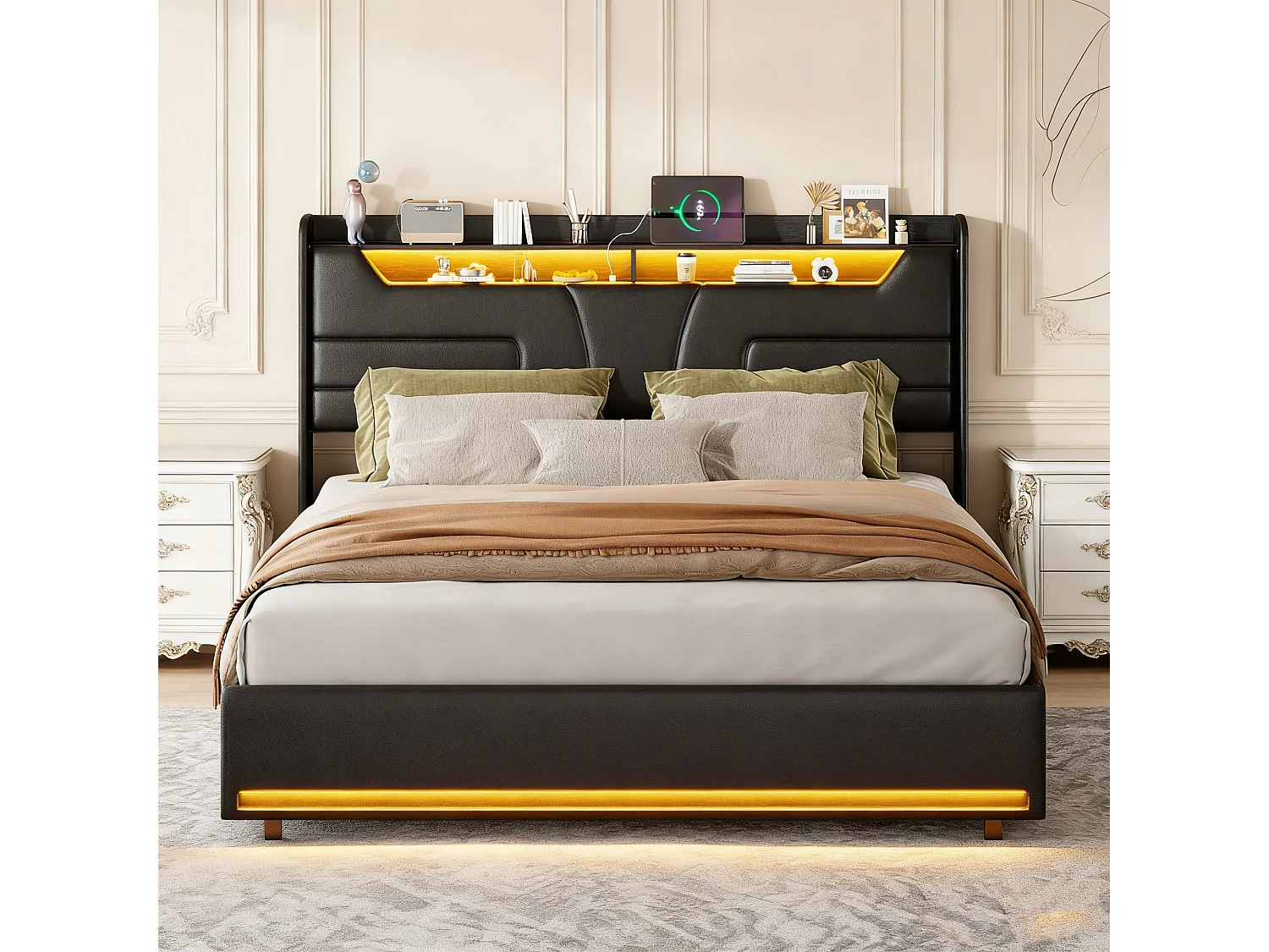 Lit coffre 140x190 - NEXU - PU Noir - LED réglable - Port USB - 2 places