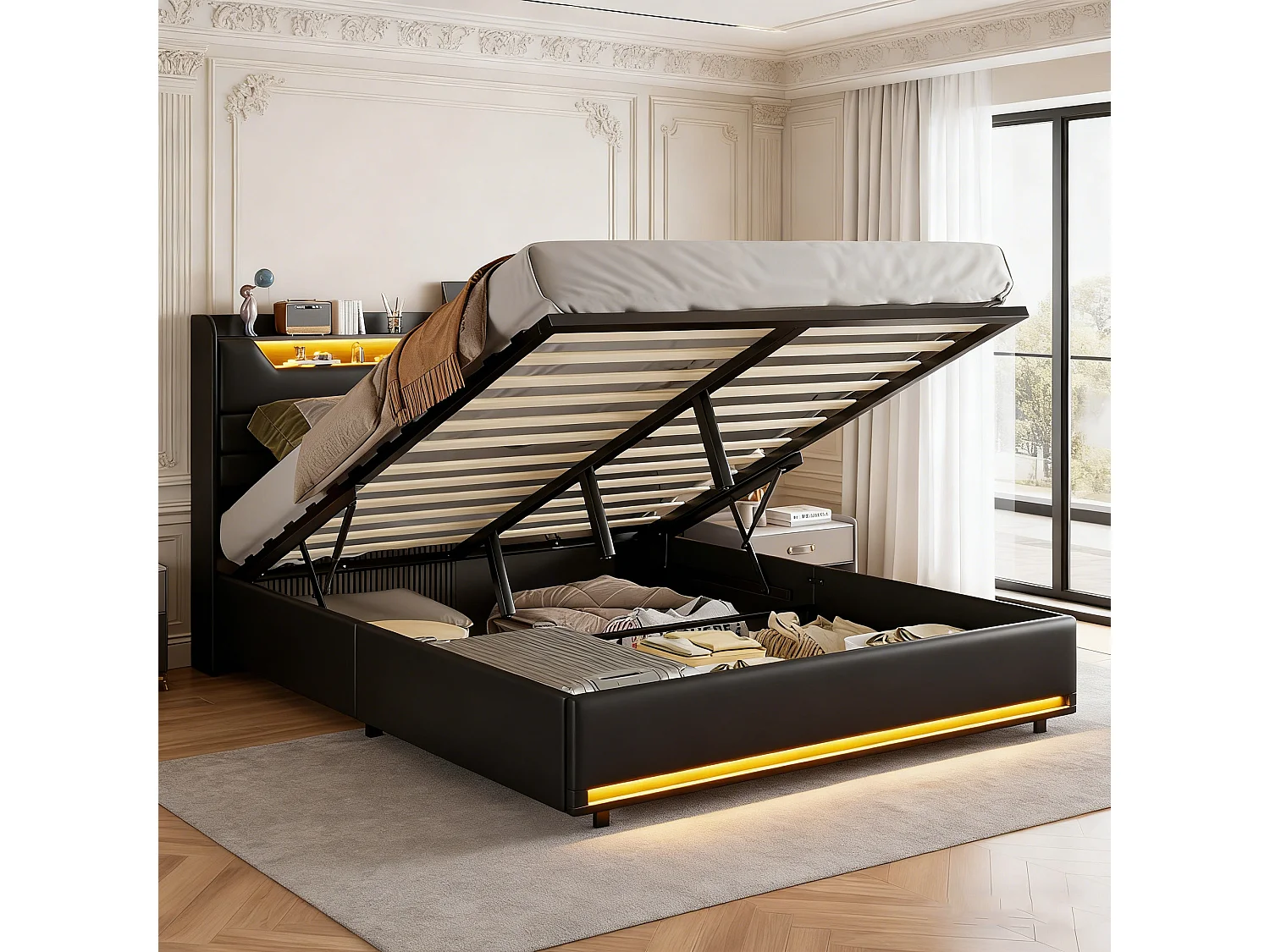 Lit coffre 140x190 - NEXU - PU Noir - LED réglable - Port USB - 2 places