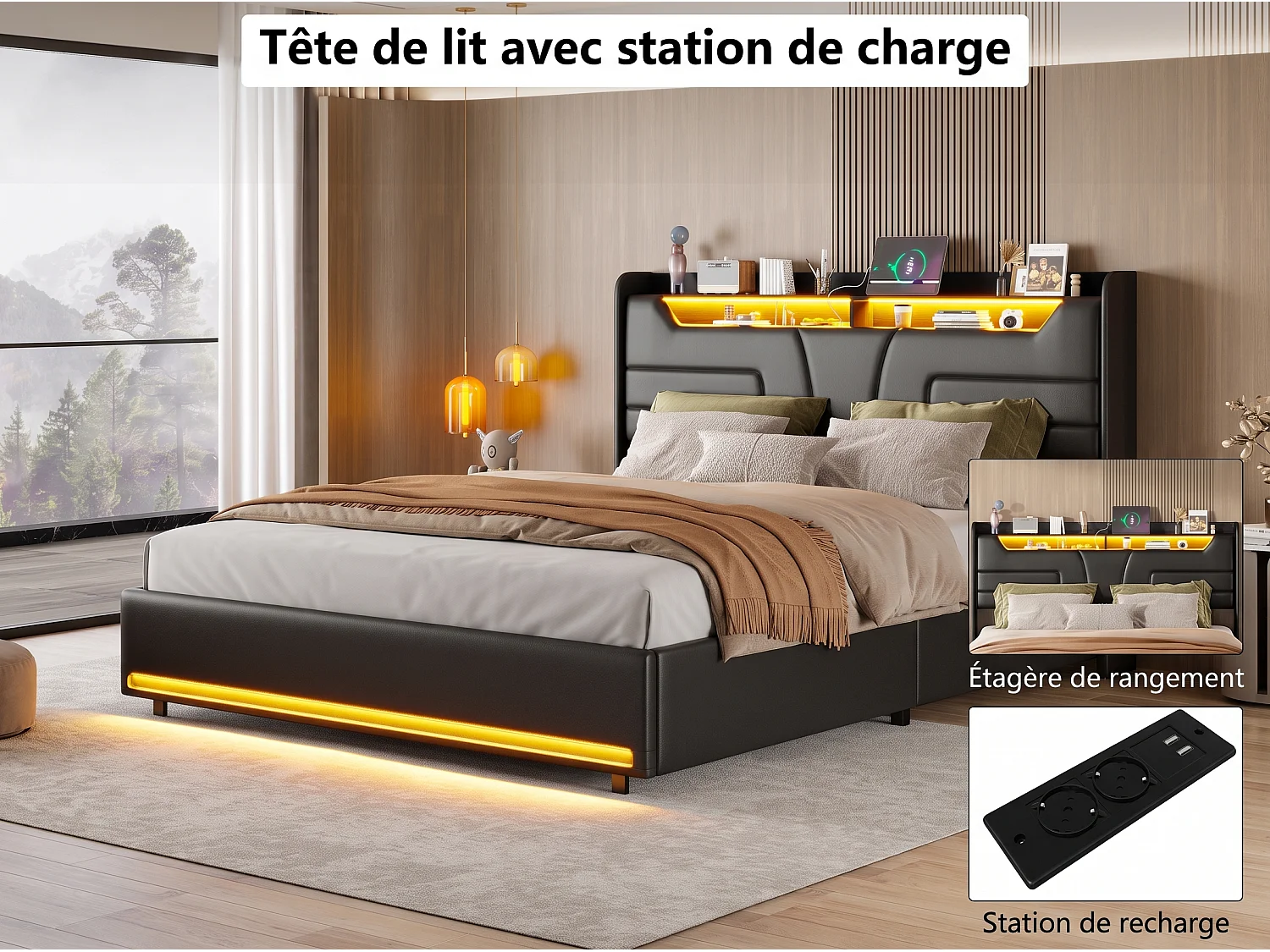 Lit coffre 140 x 190 cm – Éclairage LED réglable, port USB intégré et revêtement en PU noir – NEXU