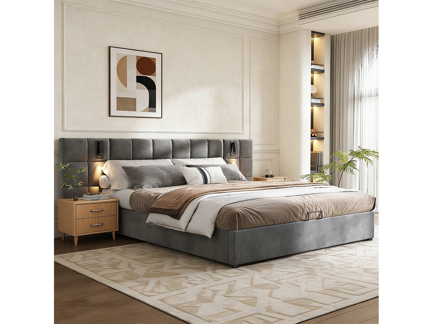 Lit 160 x 200 cm avec rangement,lit coffre 160x200,lit double,lit adulte,avec sommier,avec USB, avec lampe orientable,velours,gris