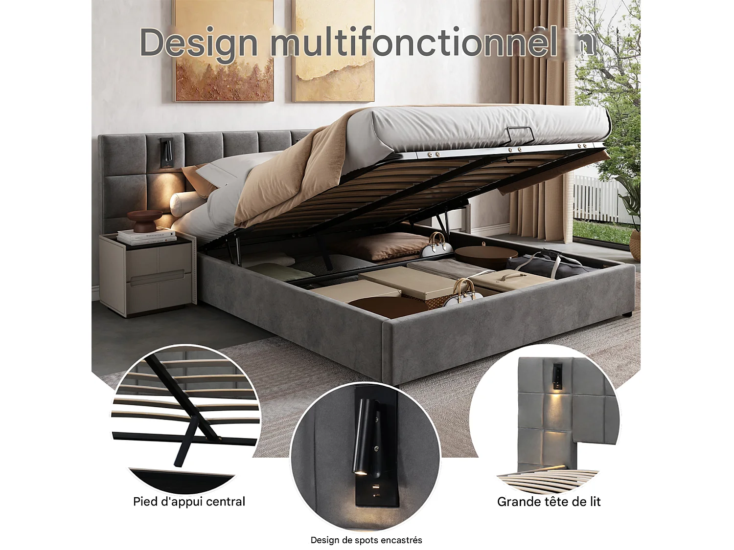 Lit 160 x 200 cm avec rangement,lit coffre 160x200,lit double,lit adulte,avec sommier,avec USB, avec lampe orientable,velours,gris