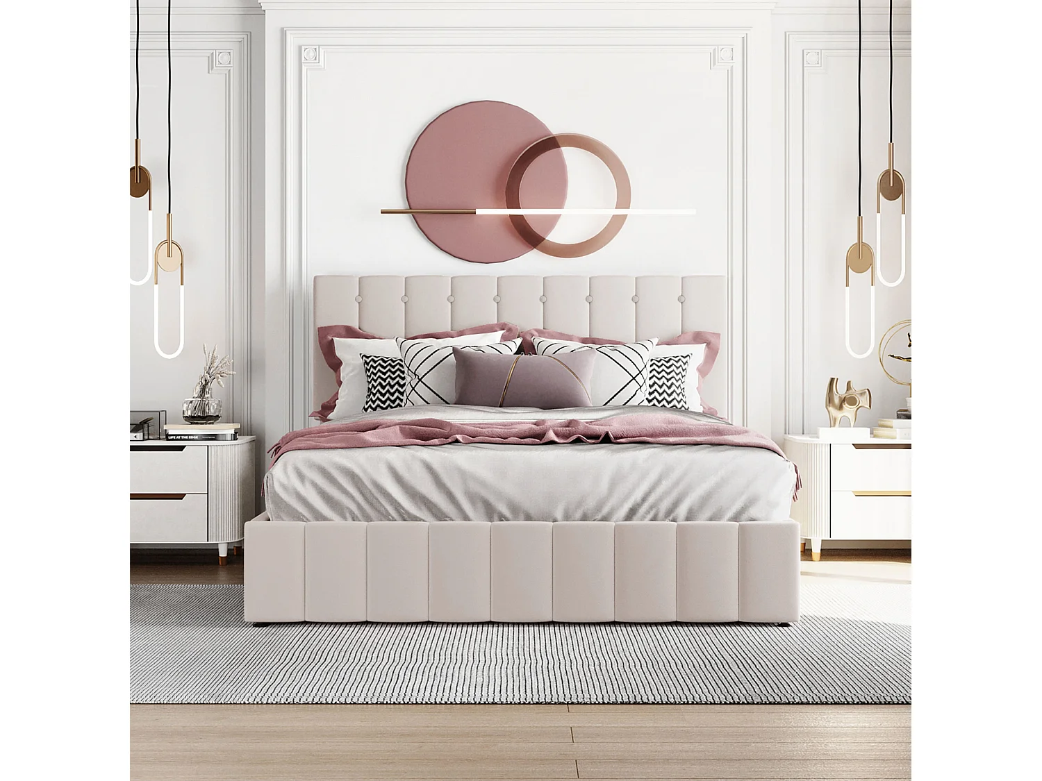 Lit coffre 140 x 190 avec sommier,Lit 140 x 190 avec rangement,tête de lit rembourrée réglable,velours,blanc crème