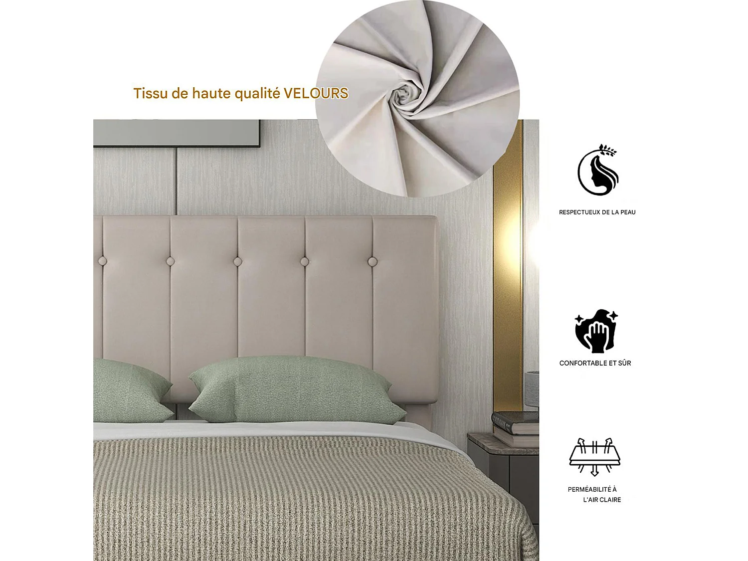Lit coffre 140 x 190 avec sommier,Lit 140 x 190 avec rangement,tête de lit rembourrée réglable,velours,blanc crème