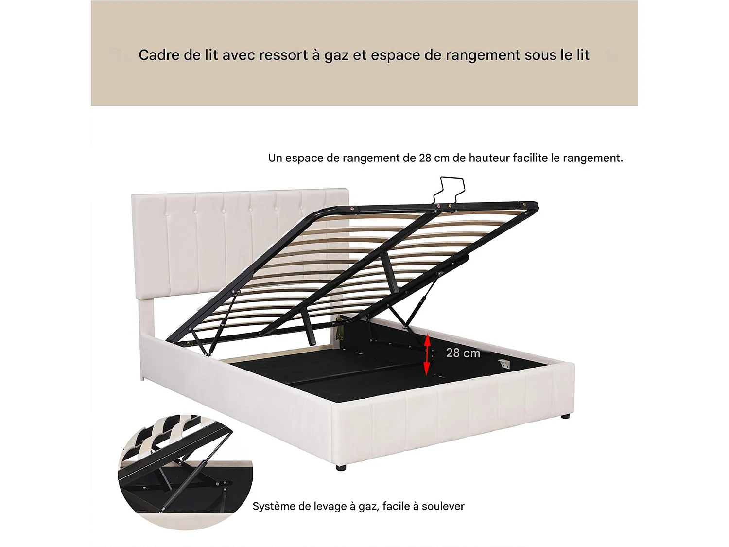 Lit coffre 140 x 190 avec sommier,Lit 140 x 190 avec rangement,tête de lit rembourrée réglable,velours,blanc crème