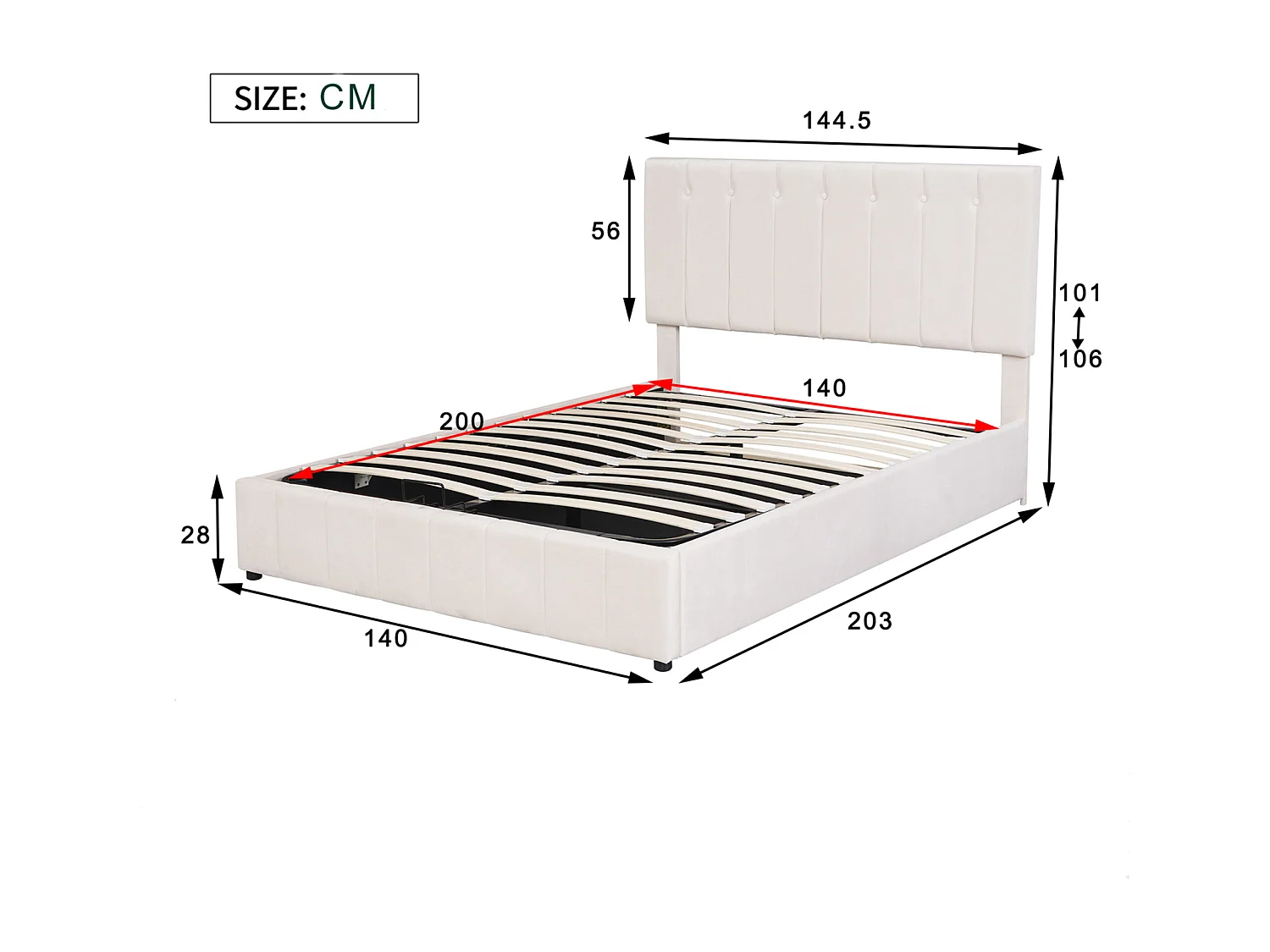 Lit coffre 140 x 190 avec sommier,Lit 140 x 190 avec rangement,tête de lit rembourrée réglable,velours,blanc crème