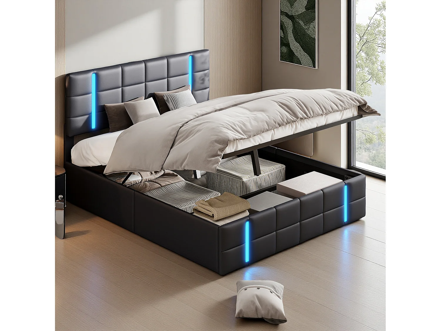 Lit 140x190 cm - NEXU - USB - LED réglable - hydraulique - tissu PU - cadre de litcoffre 140x190 cm - Noir