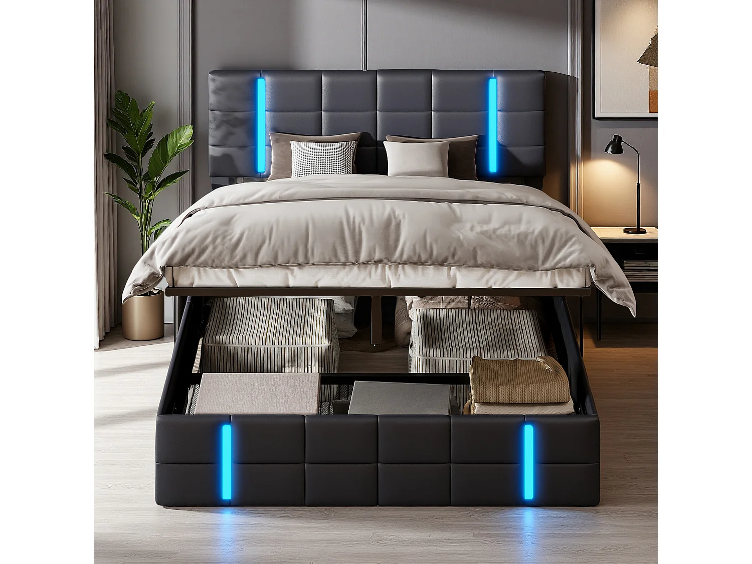 Lit 140x190 cm - NEXU - USB - LED réglable - hydraulique - tissu PU - cadre de litcoffre 140x190 cm - Noir
