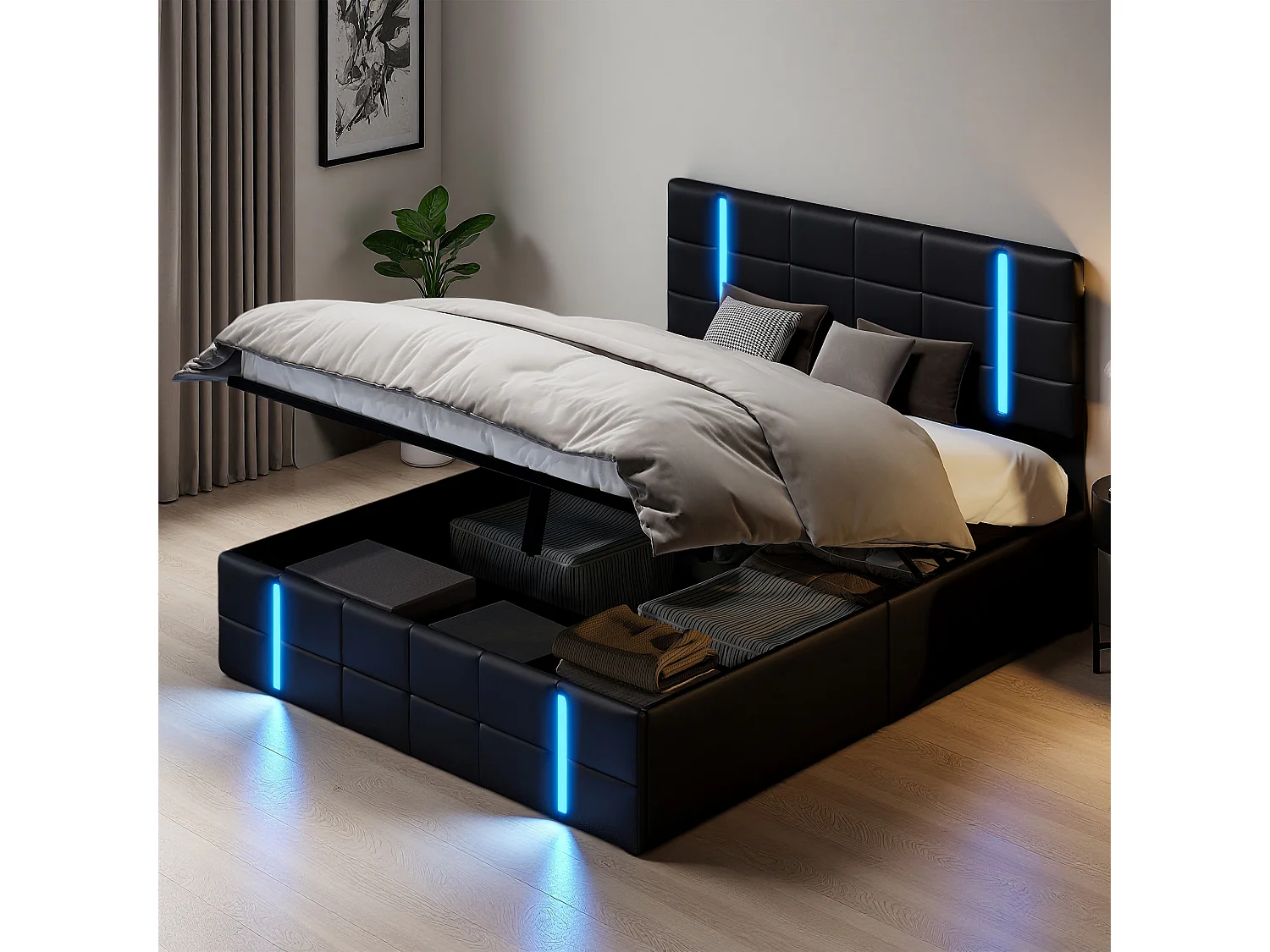 Lit 140x190 cm - NEXU - USB - LED réglable - hydraulique - tissu PU - cadre de litcoffre 140x190 cm - Noir