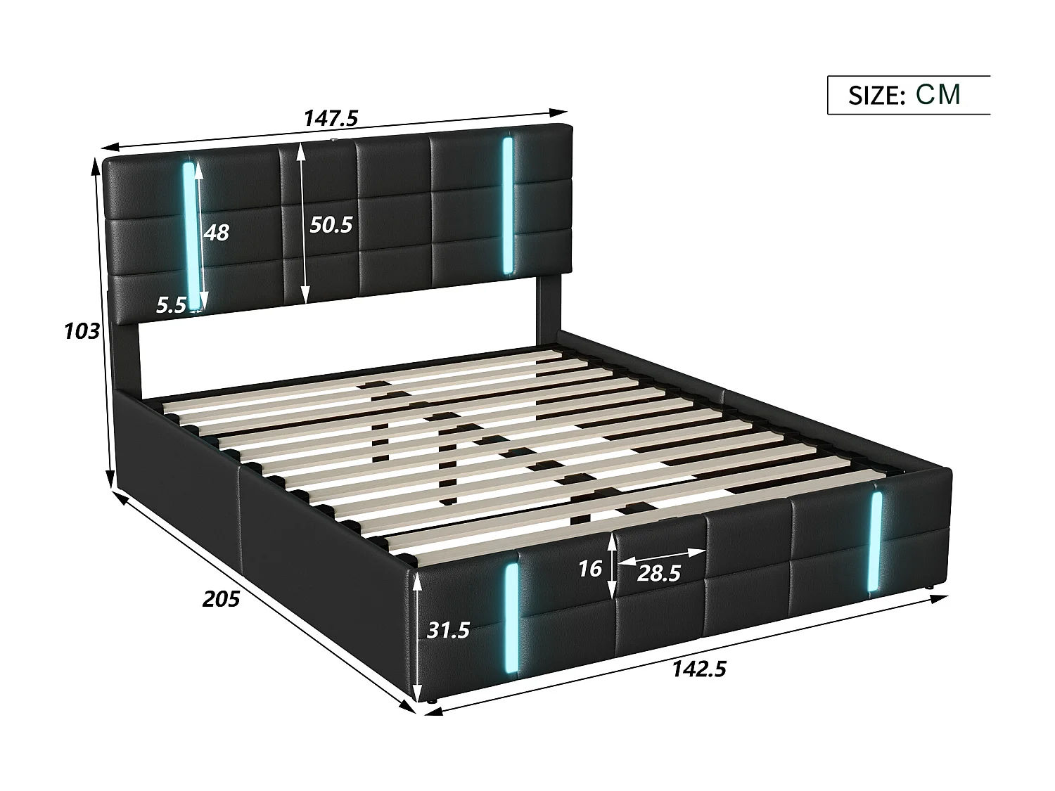 Lit 140x190 cm - NEXU - USB - LED réglable - hydraulique - tissu PU - cadre de litcoffre 140x190 cm - Noir