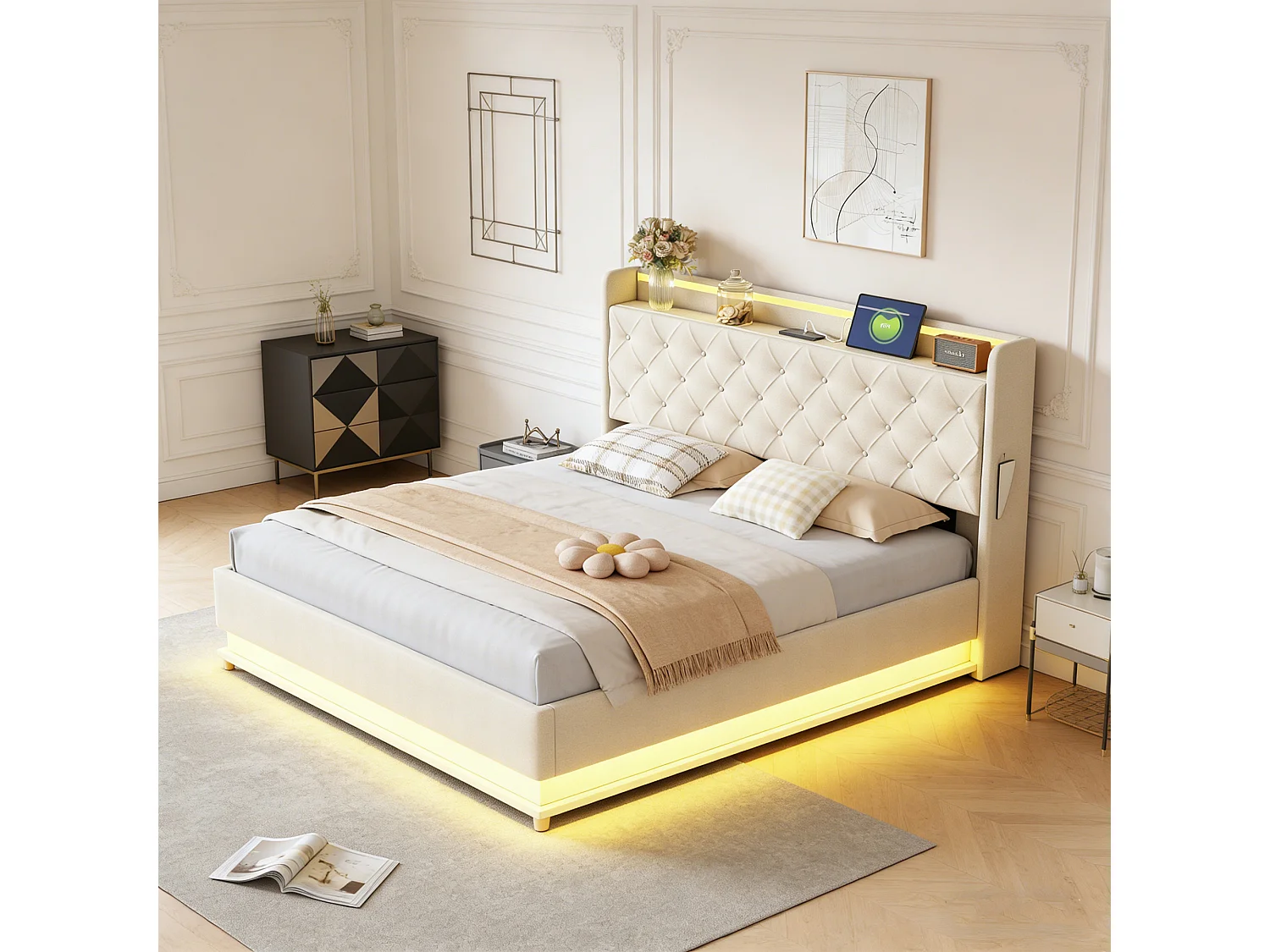 NEXU Lit coffre adulte - 160x200 cm - Lin Beige - Sommier inclus