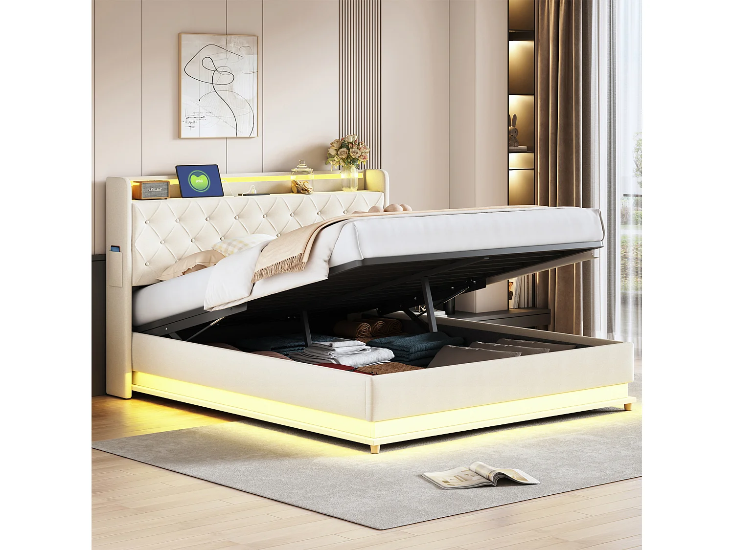 NEXU Lit coffre adulte - 160x200 cm - Lin Beige - Sommier inclus