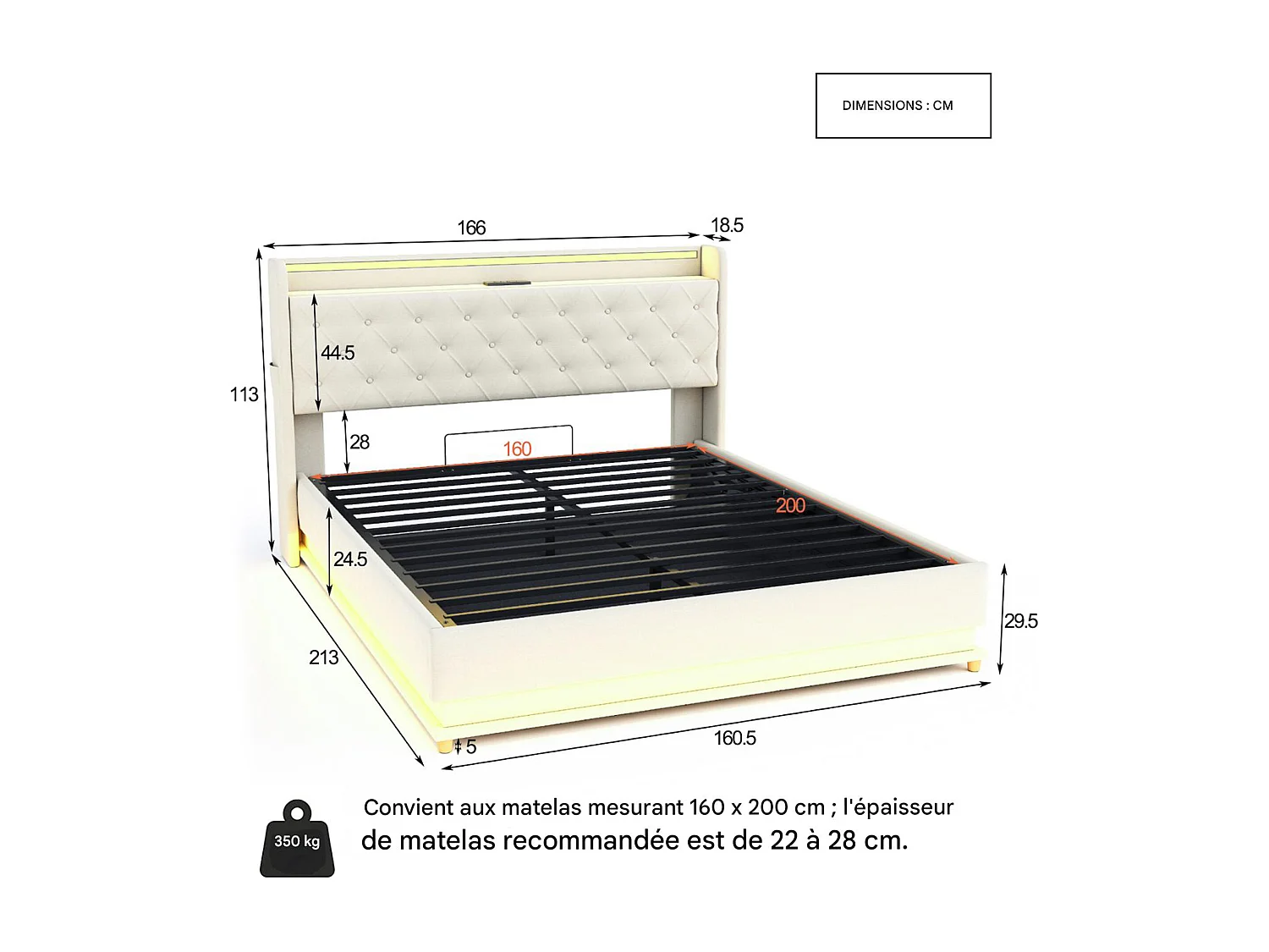 NEXU Lit coffre adulte - 160x200 cm - Lin Beige - Sommier inclus