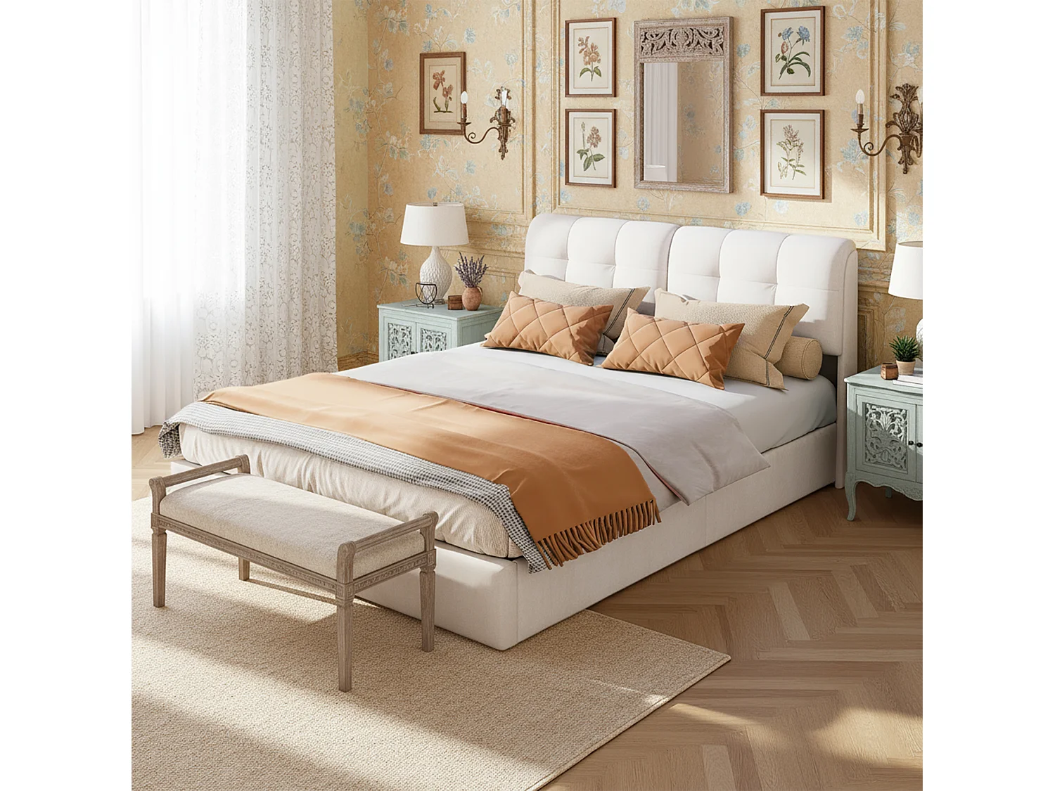 Opbergbed 140x200 cm, verstelbare LED, hydraulische opbergruimte, eigentijds, tweepersoonsbed, bedframe 140x200 cm, fluweel, beige