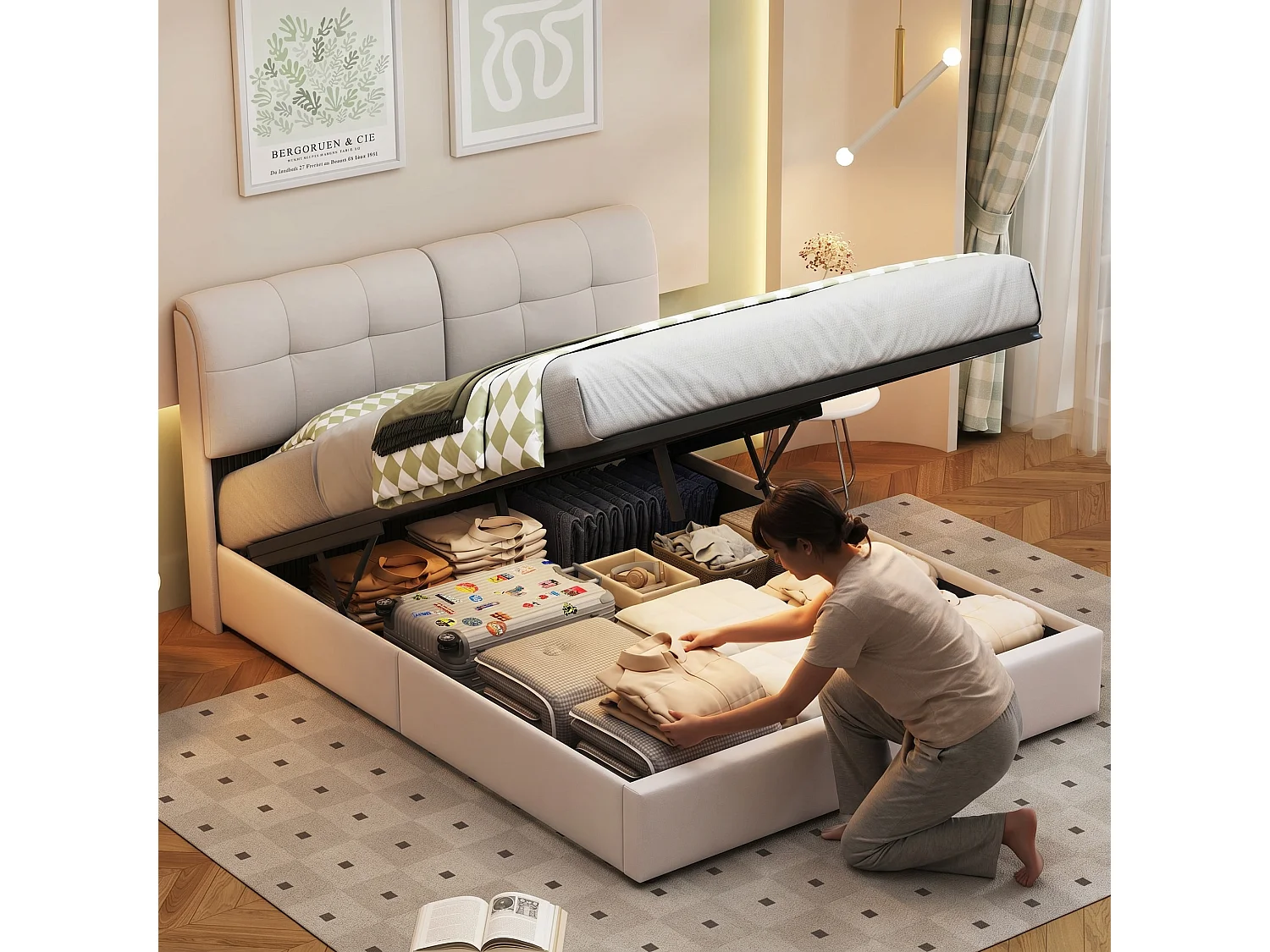 Opbergbed 140x200 cm, verstelbare LED, hydraulische opbergruimte, eigentijds, tweepersoonsbed, bedframe 140x200 cm, fluweel, beige