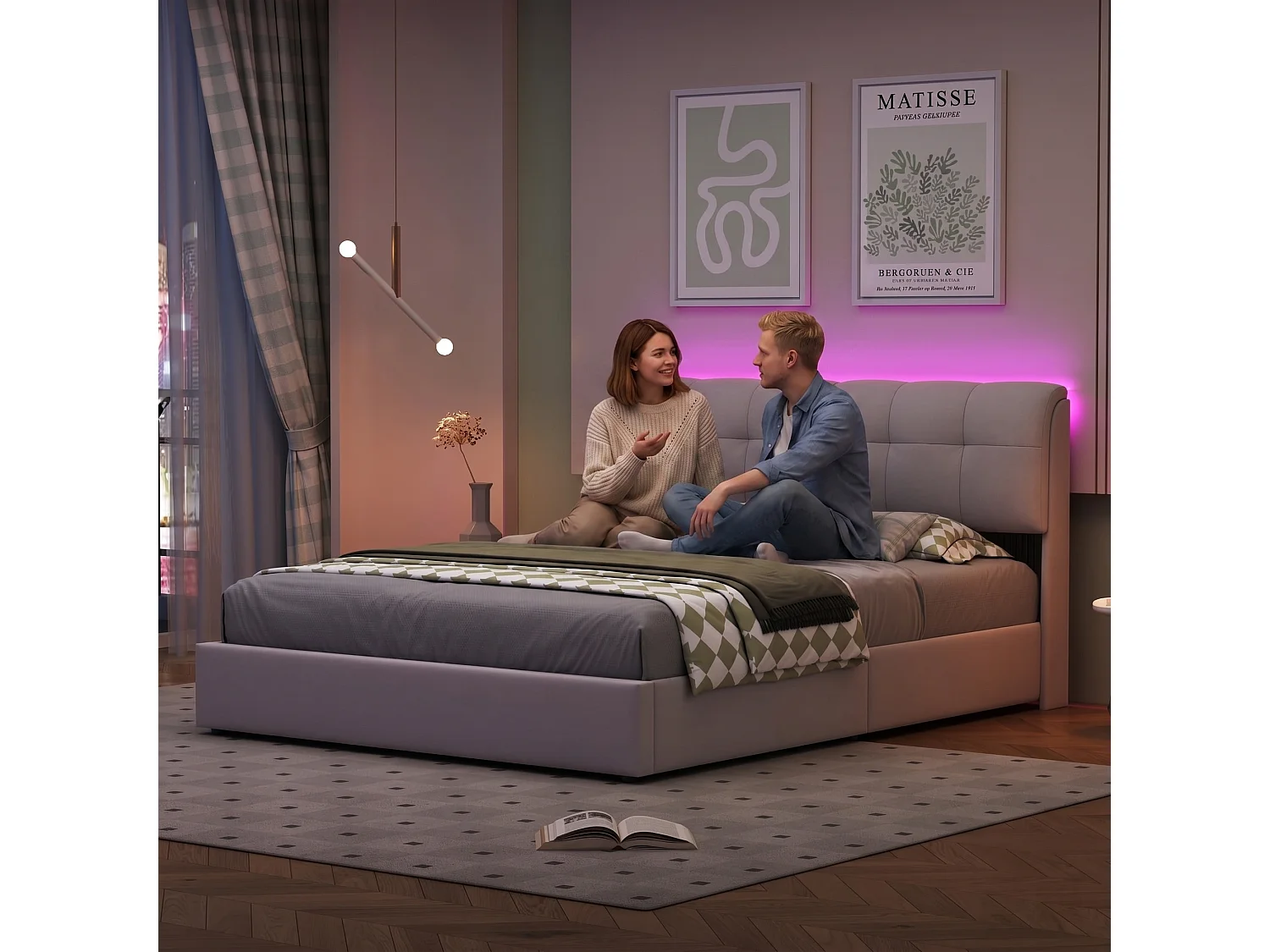 Opbergbed 140x200 cm, verstelbare LED, hydraulische opbergruimte, eigentijds, tweepersoonsbed, bedframe 140x200 cm, fluweel, beige