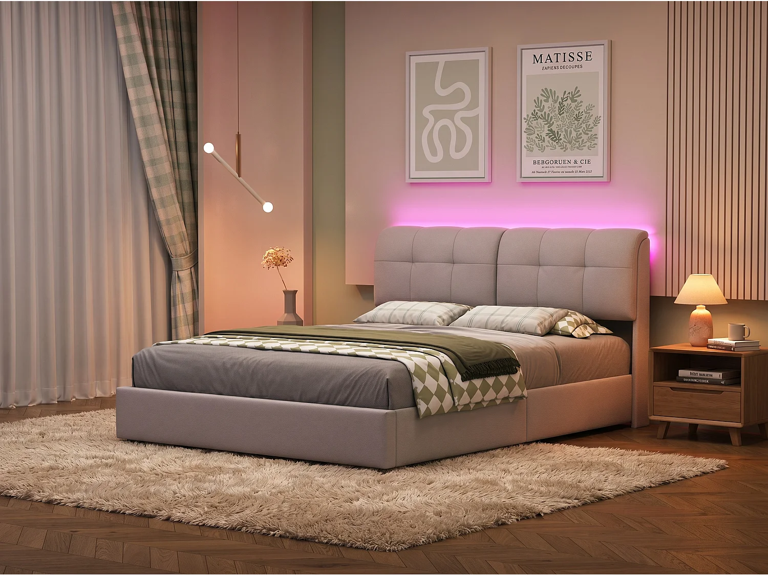 Opbergbed 140x200 cm, verstelbare LED, hydraulische opbergruimte, eigentijds, tweepersoonsbed, bedframe 140x200 cm, fluweel, beige