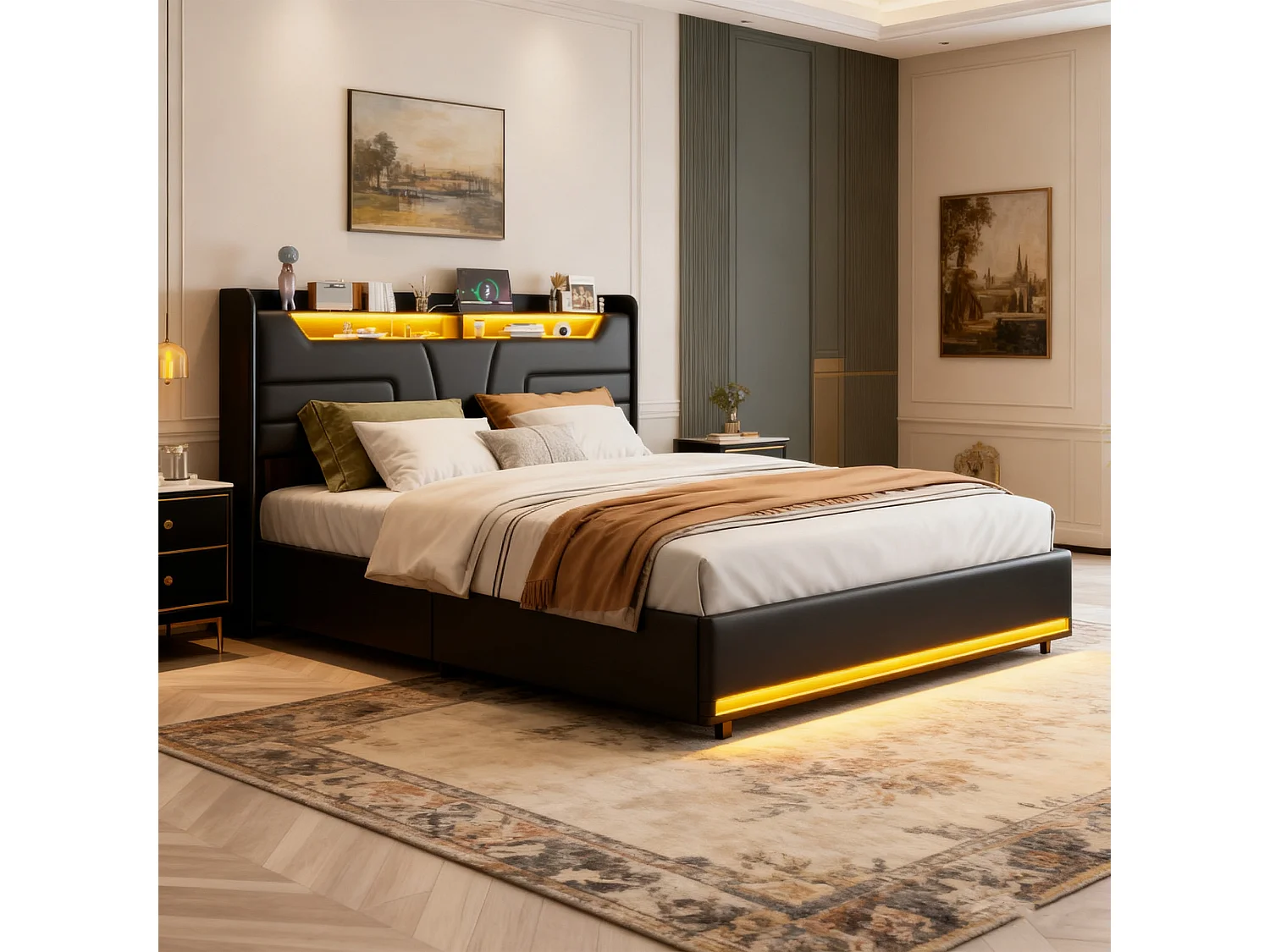 Lit coffre 140x190 - POCKETPOP - PU noir - Tête de lit avec Led et Usb - Cadre de Lit avec Sommier à Lattes en Bois - 2 places