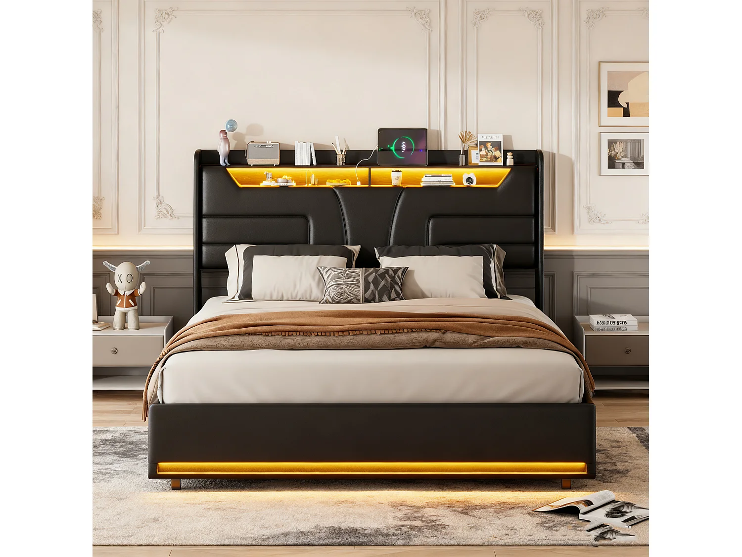 Lit coffre 140x190 - POCKETPOP - PU noir - Tête de lit avec Led et Usb - Cadre de Lit avec Sommier à Lattes en Bois - 2 places
