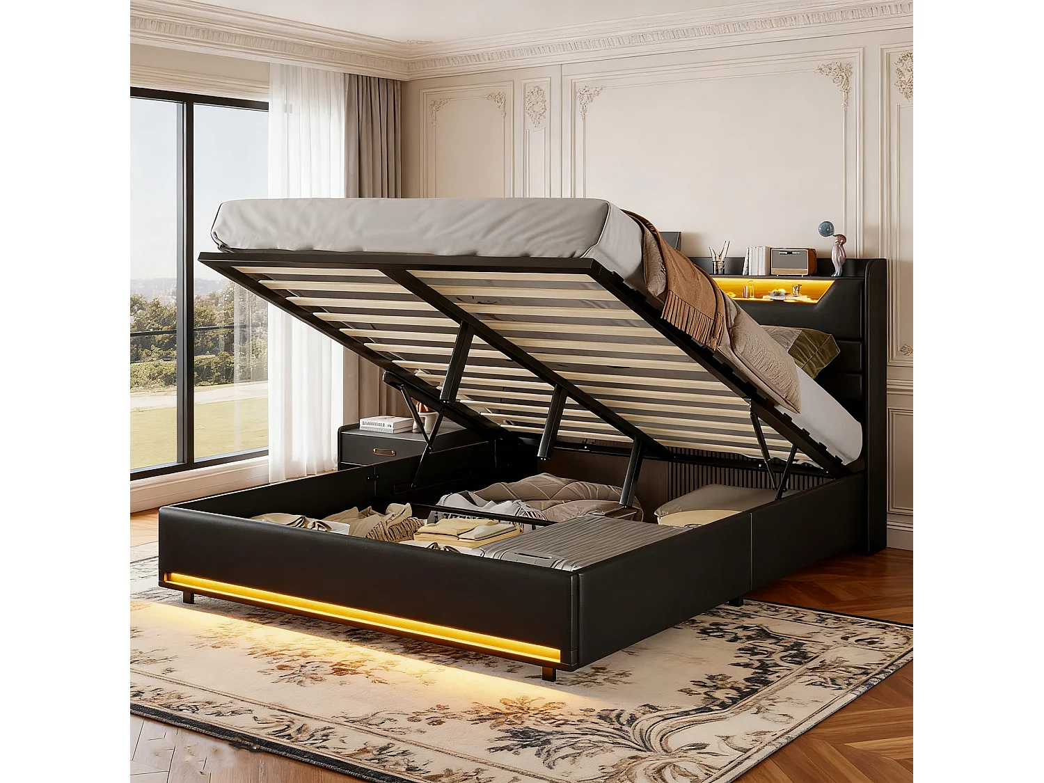 Lit coffre 140x190 - POCKETPOP - PU noir - Tête de lit avec Led et Usb - Cadre de Lit avec Sommier à Lattes en Bois - 2 places