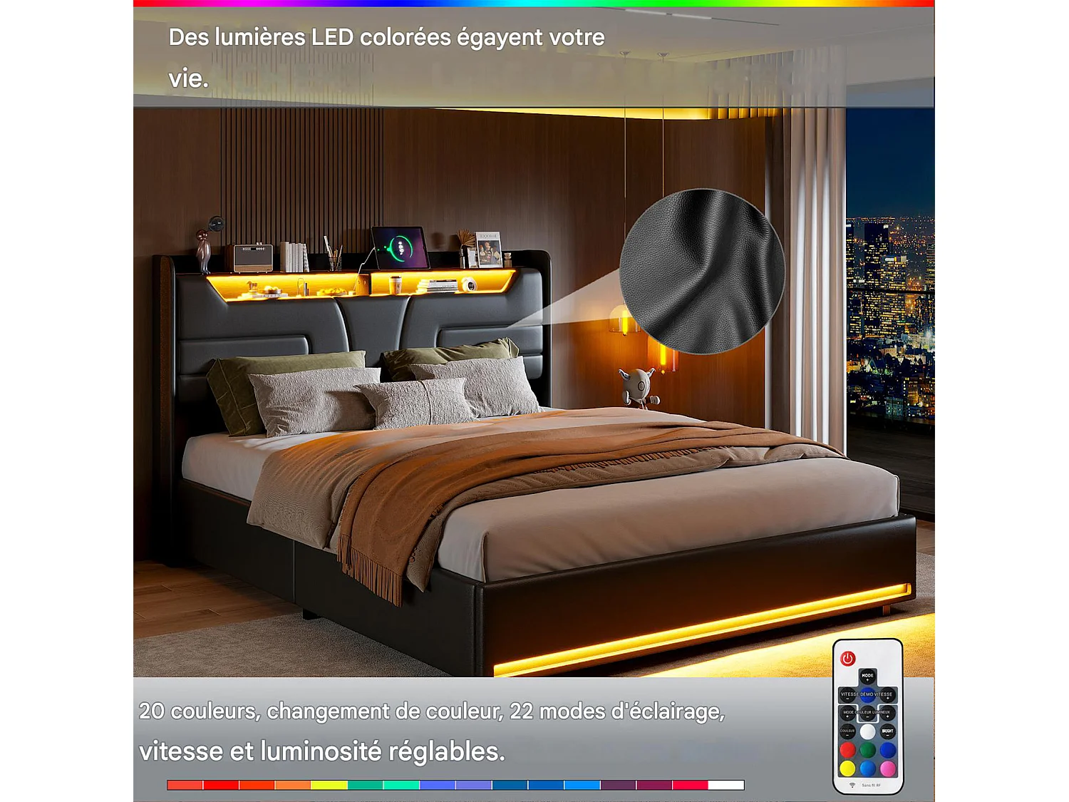 Lit coffre 140x190 - POCKETPOP - PU noir - Tête de lit avec Led et Usb - Cadre de Lit avec Sommier à Lattes en Bois - 2 places