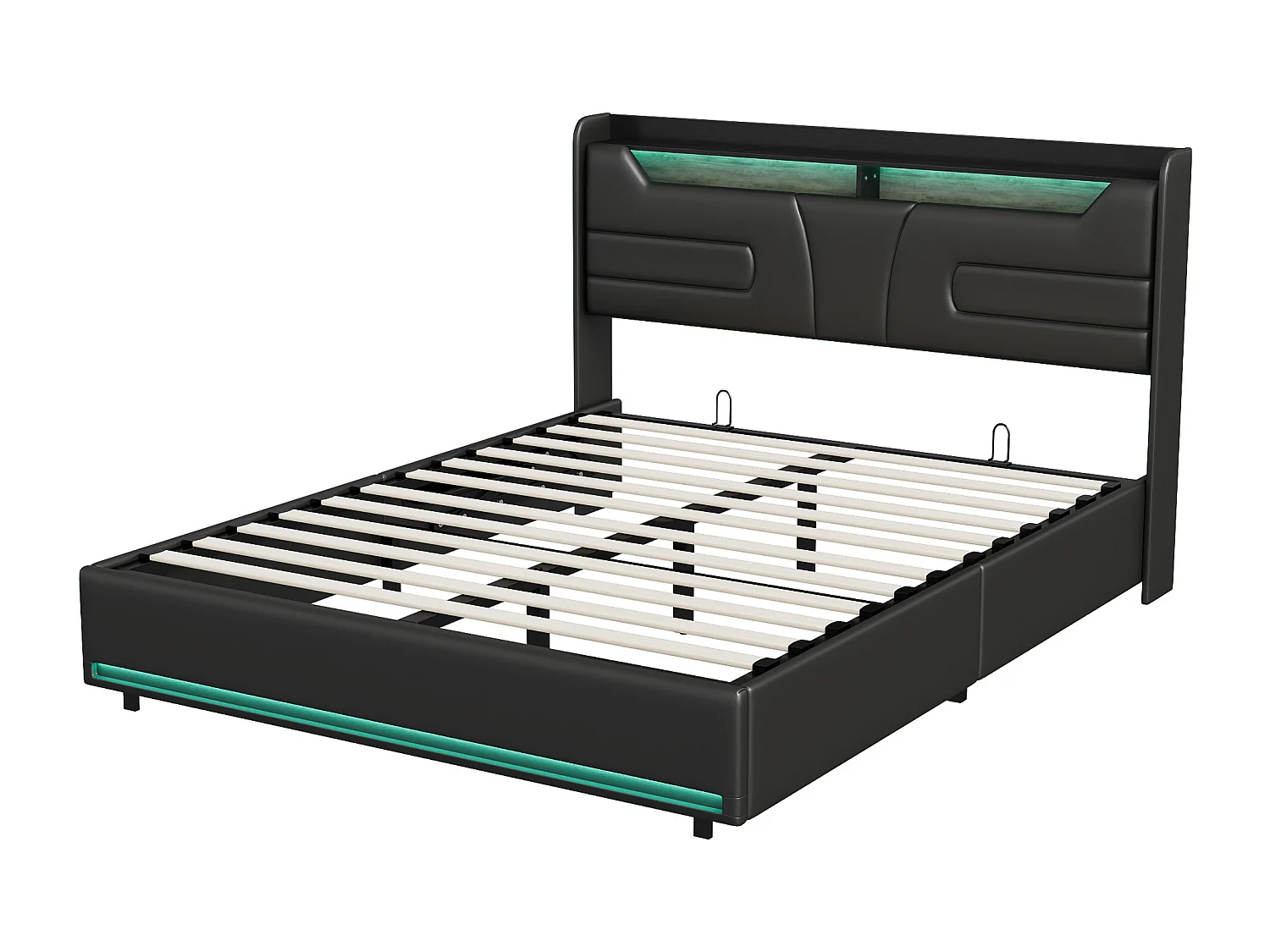 Lit coffre 140x190 - POCKETPOP - PU noir - Tête de lit avec Led et Usb - Cadre de Lit avec Sommier à Lattes en Bois - 2 places